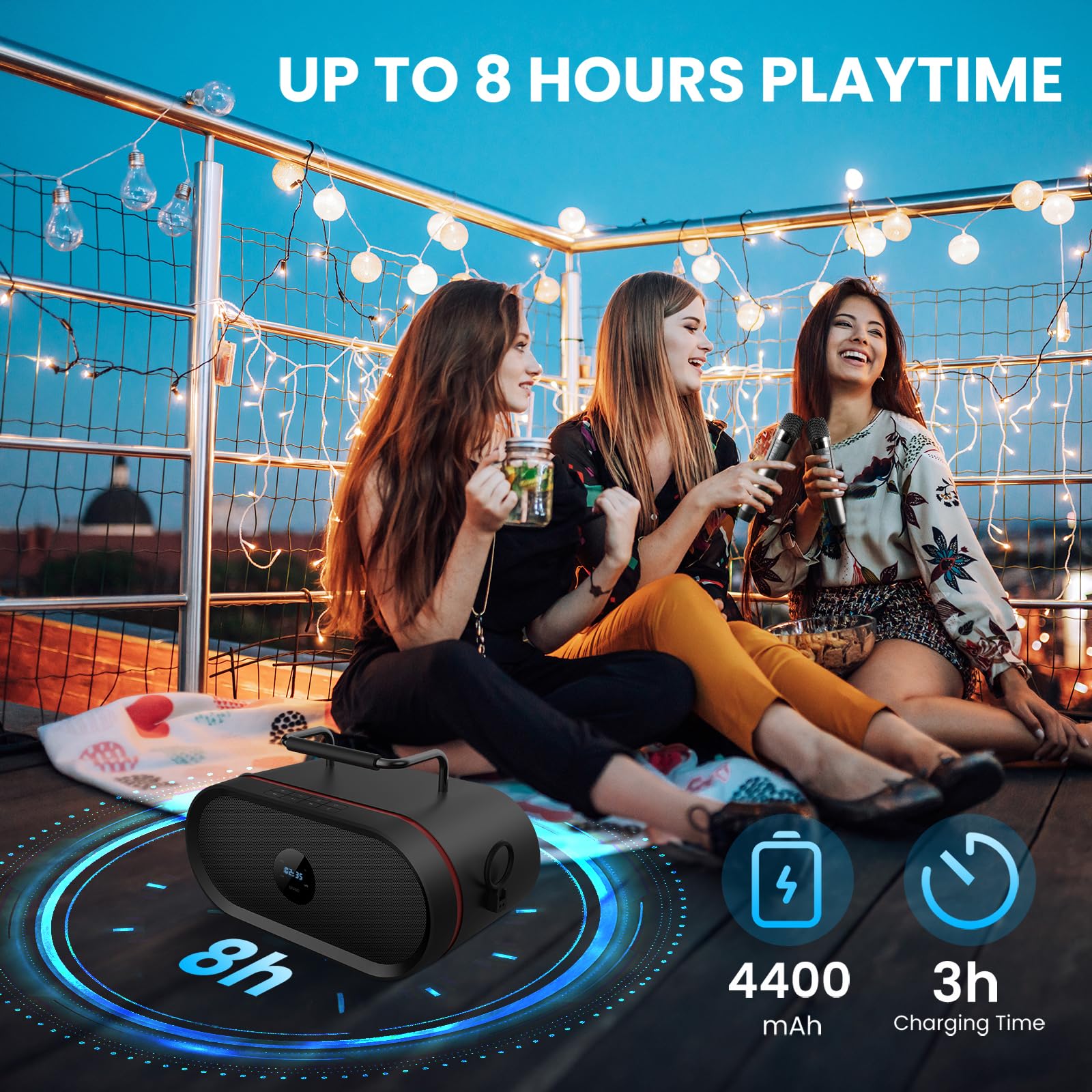RHM K666 Portable Karaoke Machine with Rich Bass & Powerful Sound - 2 Wireless Mics, Rechargeable Battery (8H Playtime), Bluetooth/AUX/USB/PC Connectivity - Perfect for Home Parties, Weddings, Outdoor Picnics & Camping Entertainment