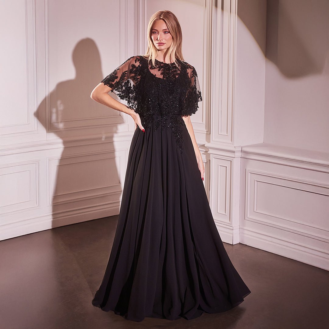 Ladivine by Cinderella Divine Black Sleeveless Beaded Capelet A-Line Gown for Evening Gala, Prom, Wedding, and Special Occasions
