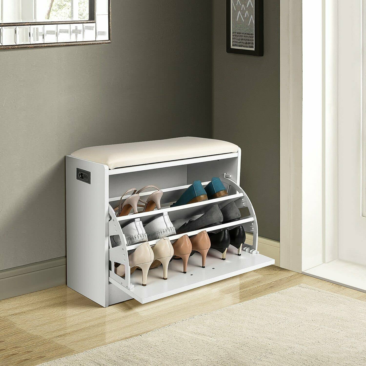 White Shoe Storage Bench with Cushioned Seat - 3-Tier Shoe Rack Organizer & Entryway Storage Chest - Perfect for Mudroom, Closet, or Bedroom Shoe Organization