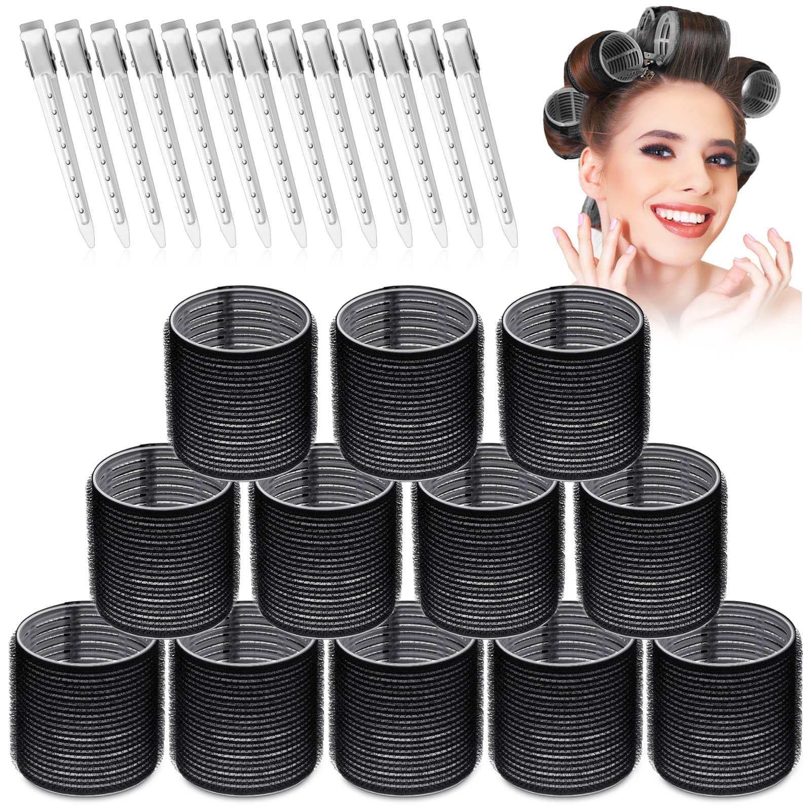Large Hair Rollers Set - 24 Pieces (12 Jumbo Rollers + 12 Clips) for Long Thick Hair Volume & Styling - Black | Perfect for Home Salon, Party Hairstyles & Professional Styling