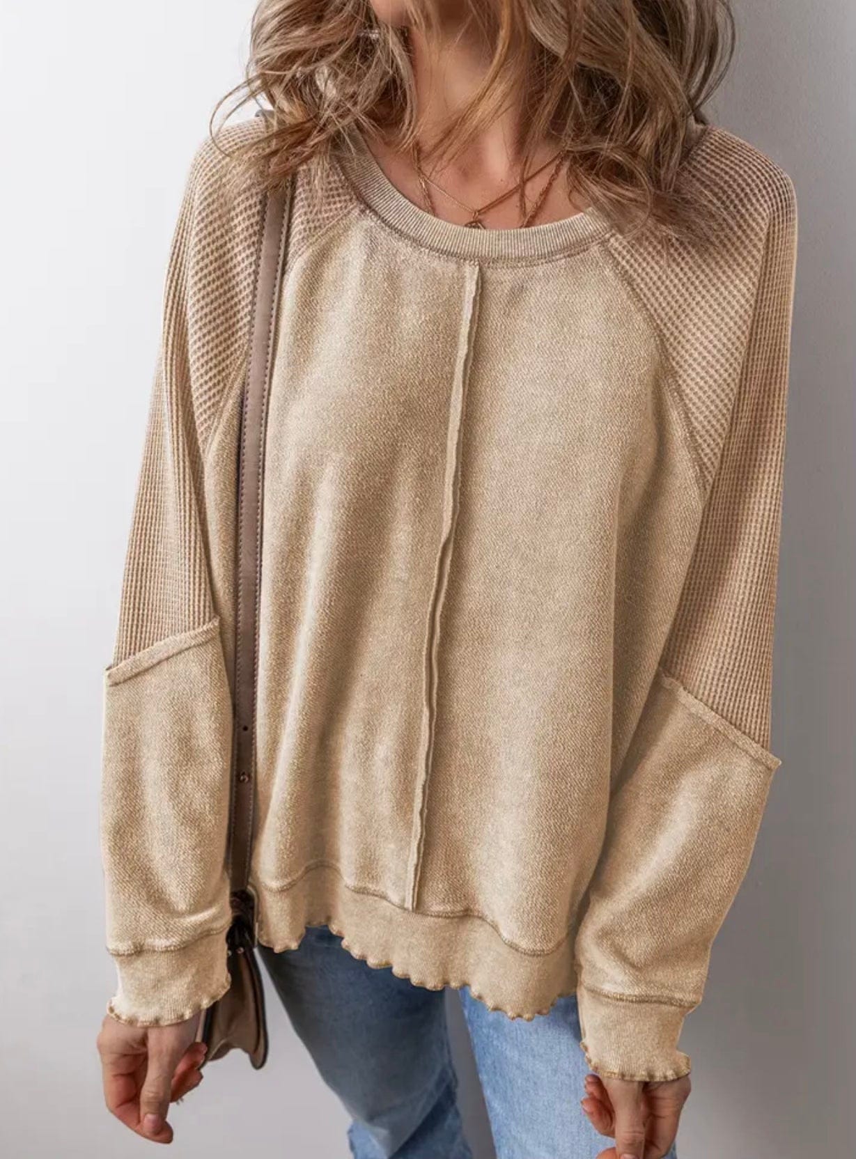 Reversible Round Neck Long Sleeve Sweatshirt in Tan - Cozy Pullover for Women & Men | Perfect for Casual Wear, Layering & Outdoor Activities