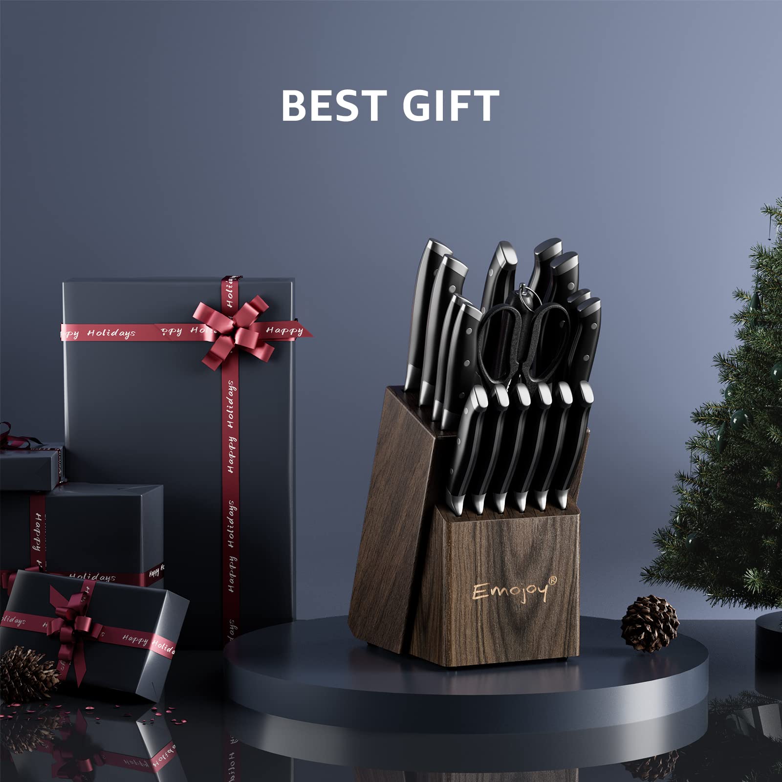 18-Piece Emojoy Professional Kitchen Knife Set with Wooden Block - German Stainless Steel Chef Knives with Manual Sharpener - Perfect for Home Cooking, Restaurant Use & Gift Giving