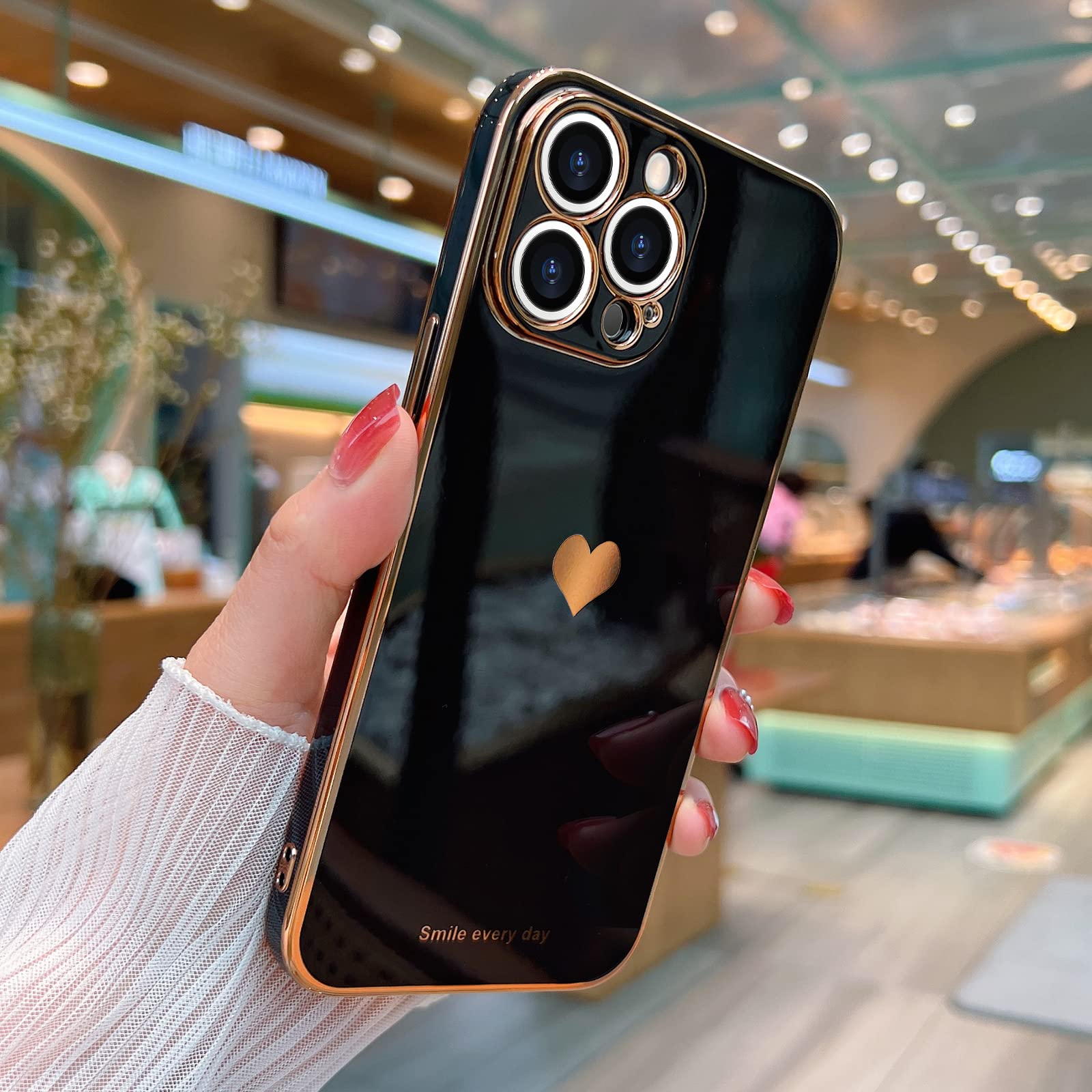 Teageo Luxury Bling Plating iPhone 12 Pro Case - Cute Love Heart Design, Soft Silicone Shockproof Cover with Raised Camera Protection for Women & Girls (Black) - Perfect for Daily Use, Parties & Gift Giving
