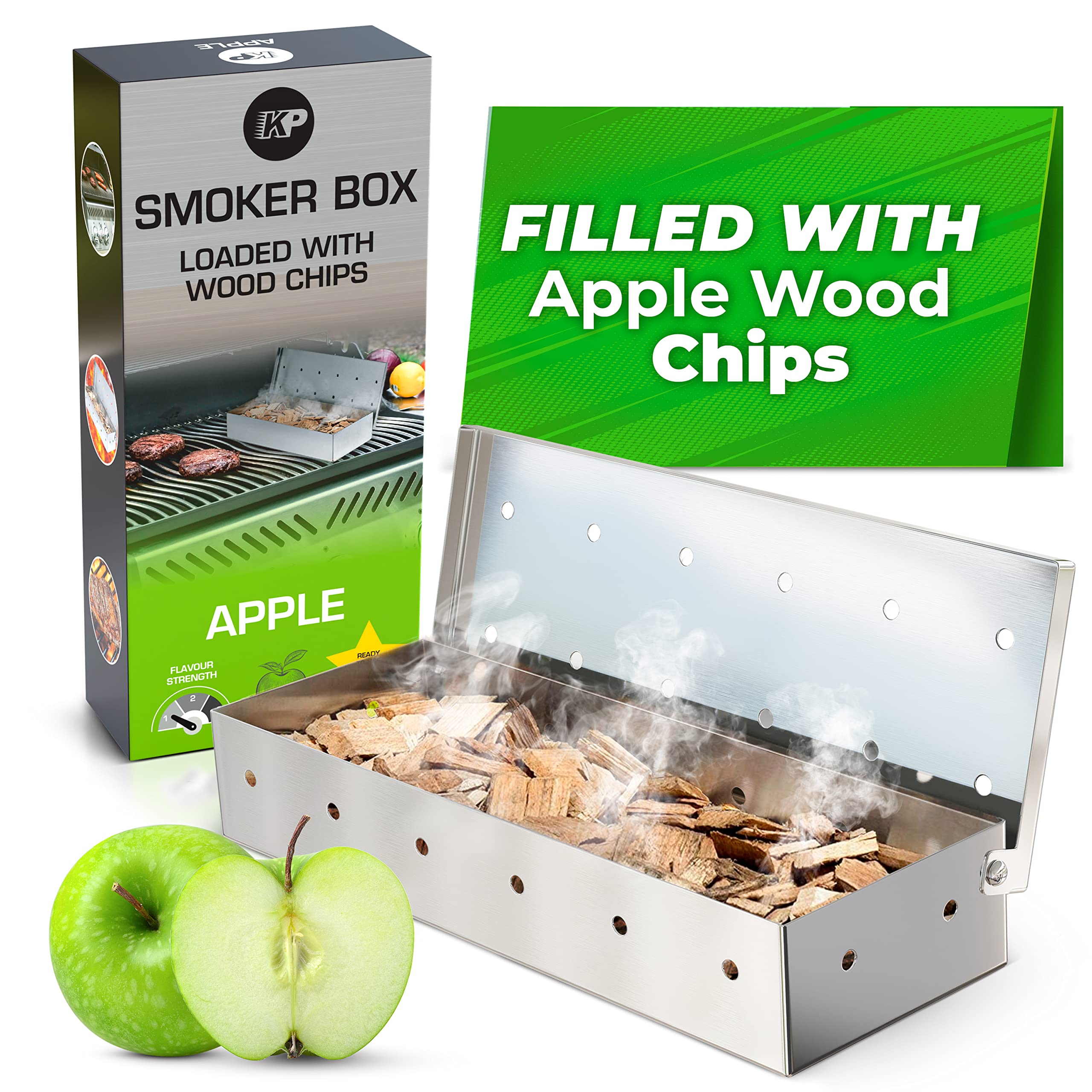 Premium Smoker Box for Gas Grill - Pre-Filled with Apple Wood Chips for Rich Smoky Flavor - Compatible with Propane & Pellet Grills - Perfect for BBQ, Grilling, and Smoking Meats at Backyard Parties and Camping Trips
