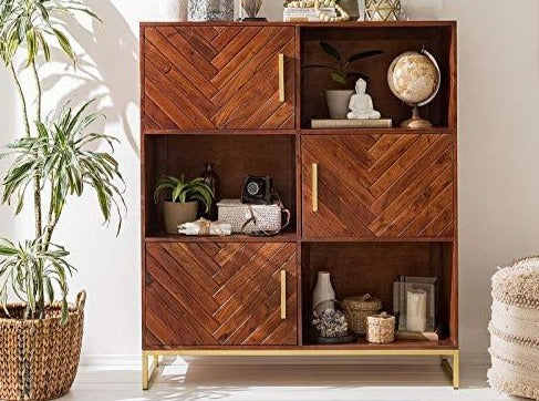 Gfine Solid Acacia Wood & Iron 3-Door Bookshelf Cabinet - 115x40x142cm - Stylish Storage for Living Room, Office & Bedroom