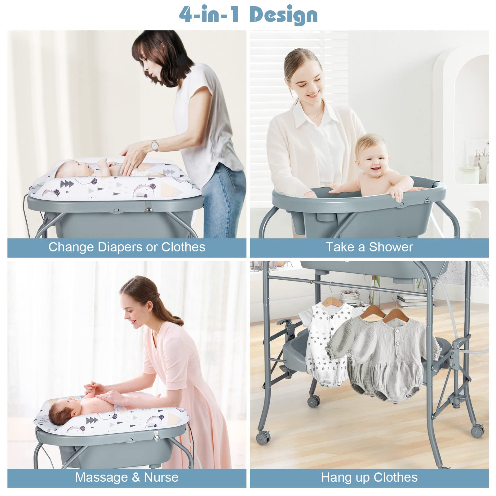 GYMAX Portable Folding Baby Changing Table with Bathtub - Newborn Diaper Changing Station with PVC Pad, Storage Tray & Wheels - Nursery Organizer for Infant Care (Grey) - Perfect for Home Nursery, Daycare & Travel Use