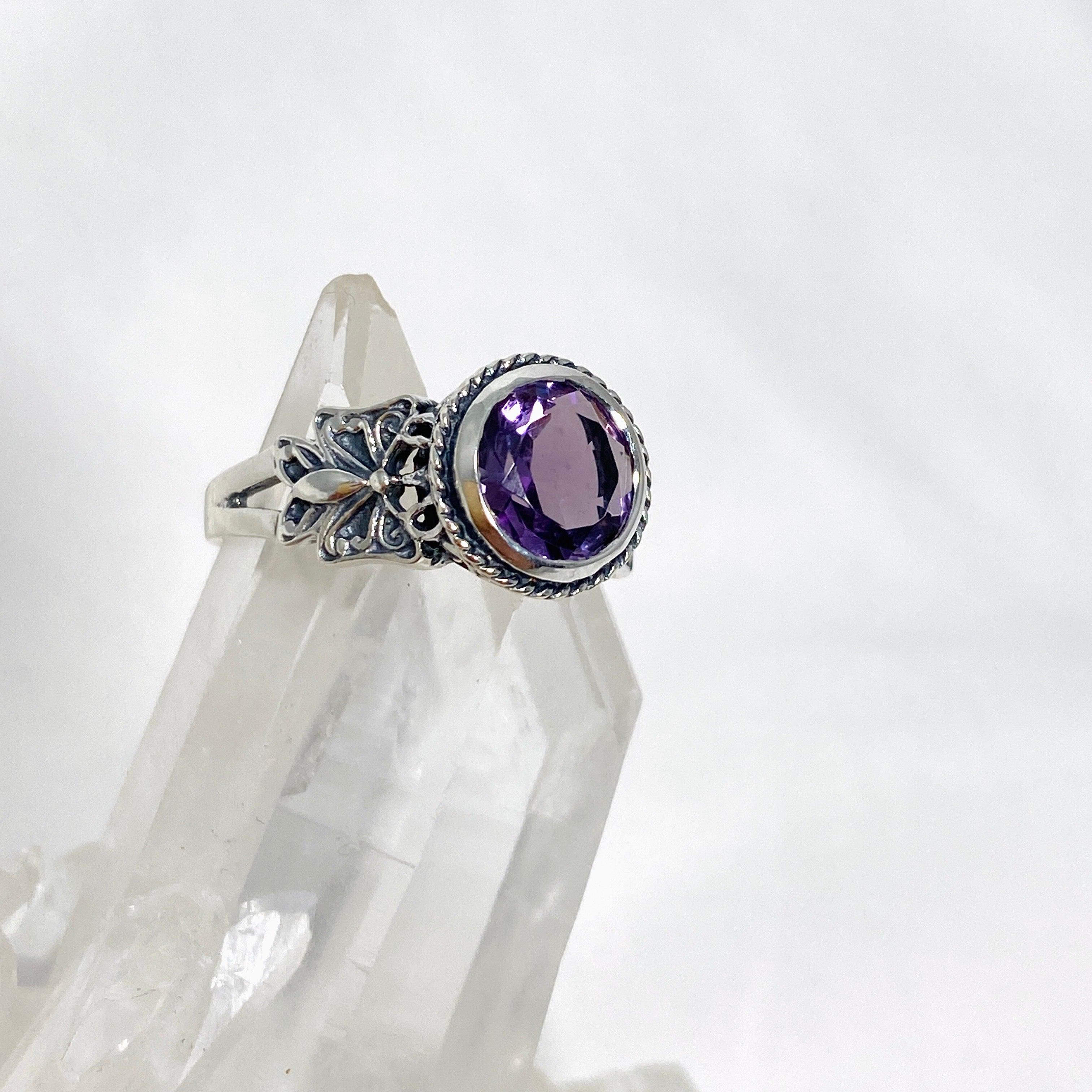 Amethyst Faceted Round Ring in Decorative Setting R3671 - Elegant Jewelry for Women, Perfect for Weddings, Parties & Gifts