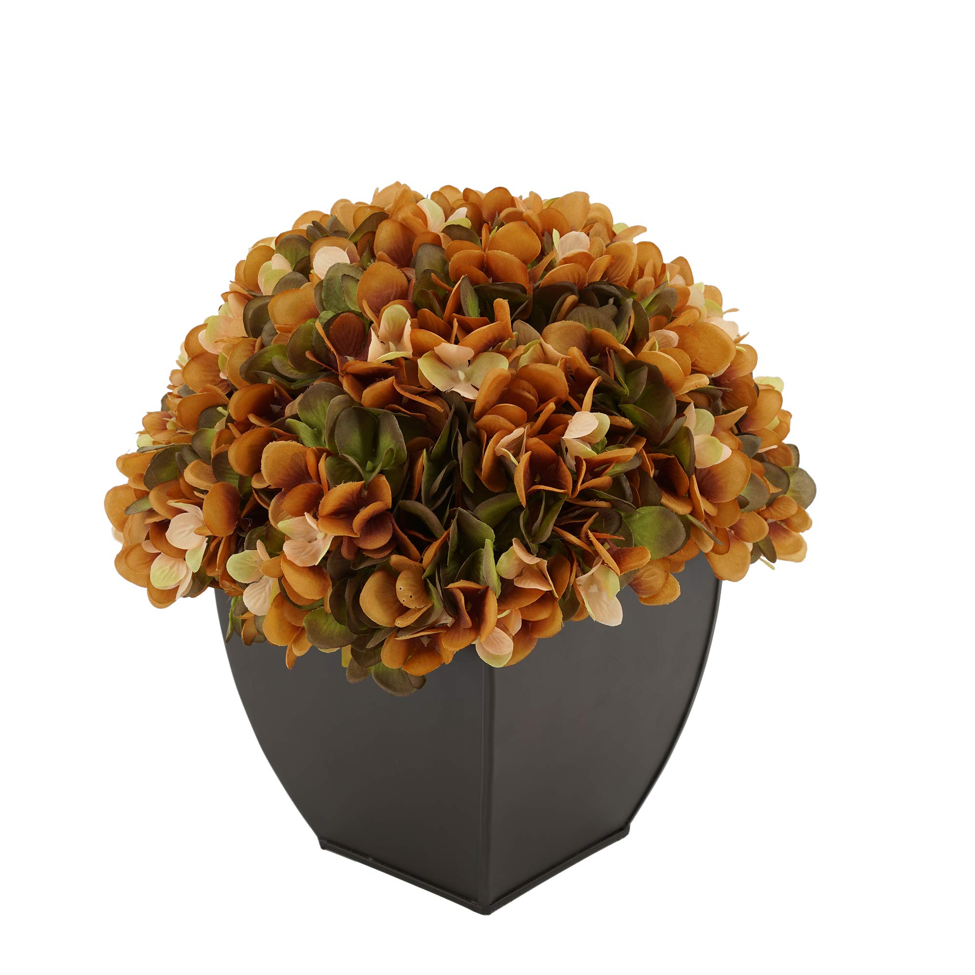 Artificial Hydrangea Silk Flowers in Matte Brown - Tapered Zinc Cube Vase (Coffee Color) for Home Decor, Wedding Centerpieces & Office Table Arrangements