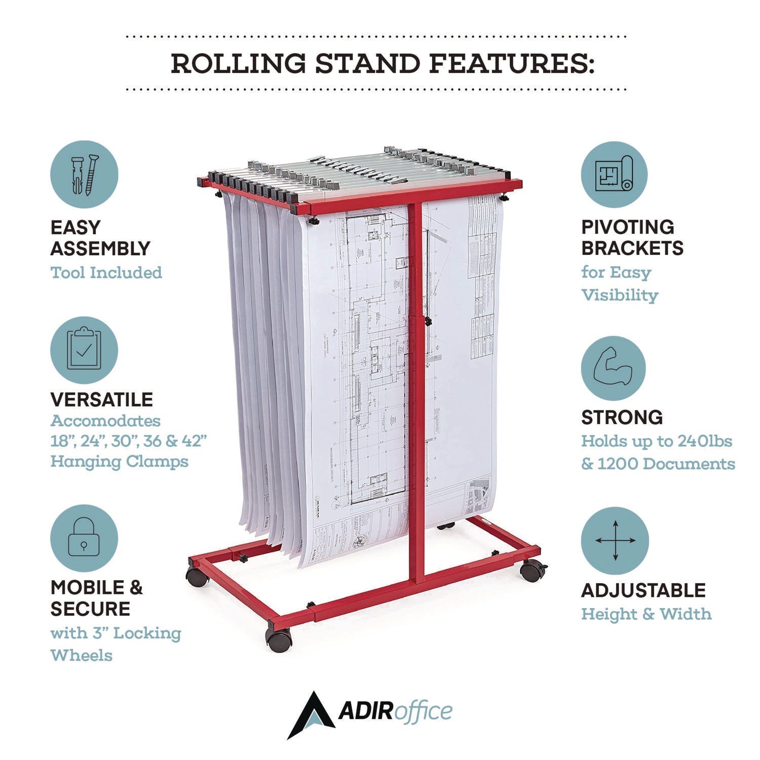AdirOffice Blueprint Storage Cabinet - Steel Vertical Plan Holder for Large Documents 15x27 to 47.25x57 Inches - Red (Perfect for Architects, Engineers & Construction Sites)