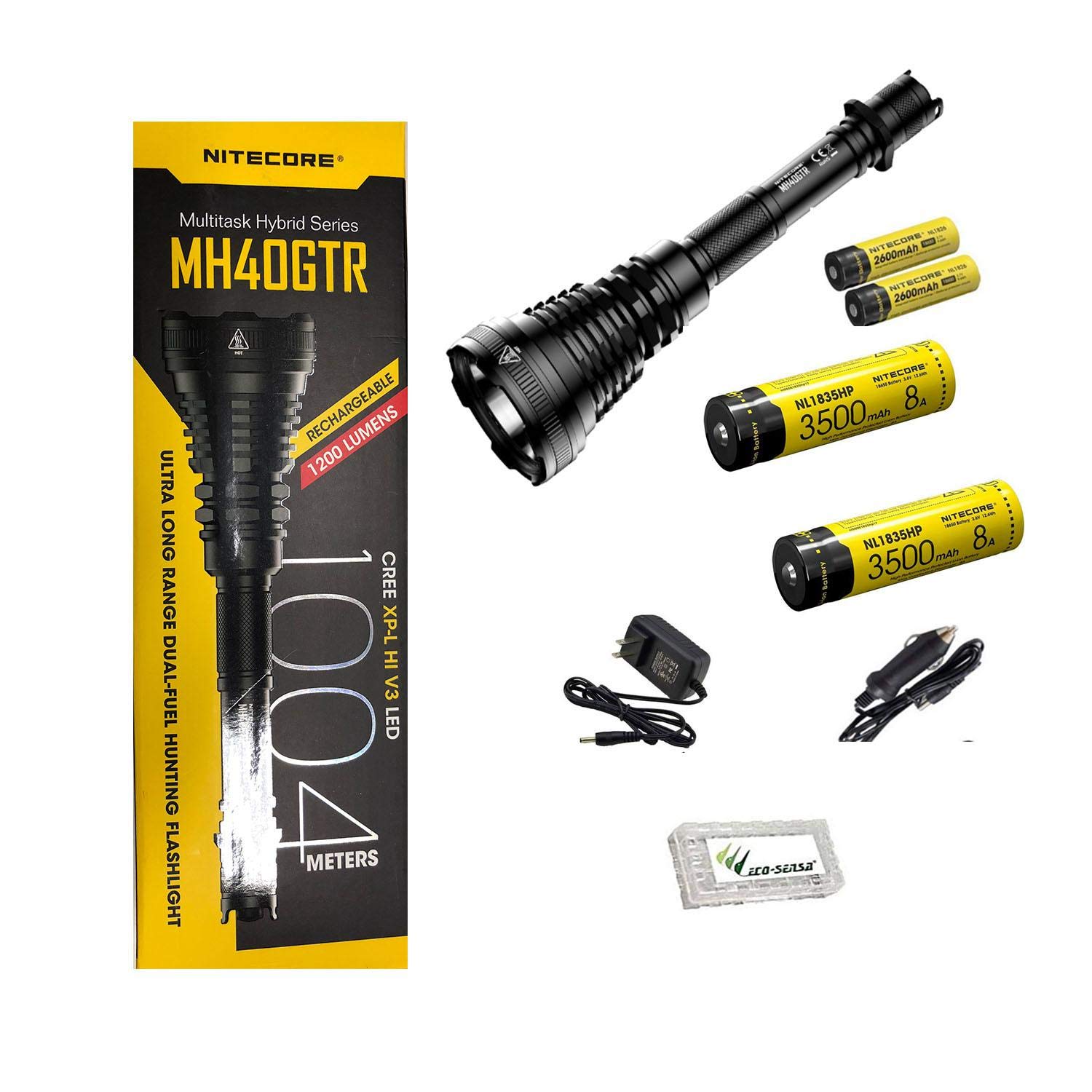 Nitecore MH40GTR 1200 Lumens Rechargeable Flashlight with 1004m Throw - Includes 2x 3500mAh 18650 Batteries, Car Adapter & Eco-Sensa Case - Perfect for Camping, Hiking, Emergency & Outdoor Adventures