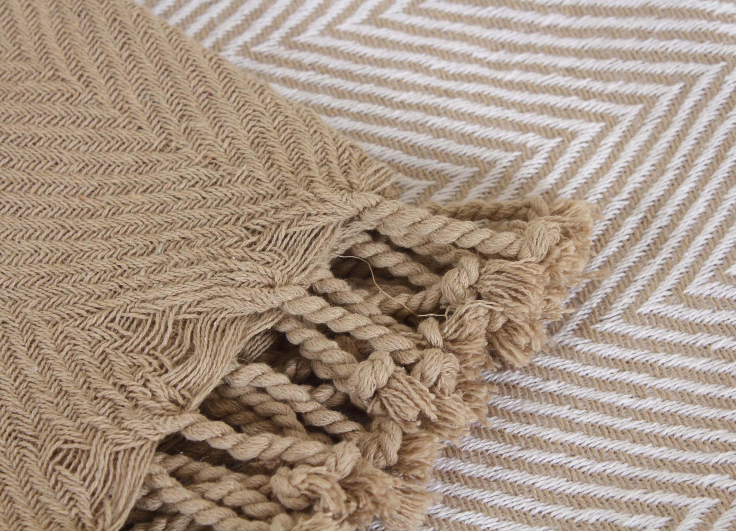 100% Cotton Handloom Chevron Throw Blanket Set of 2 (50x60 Inch) - Soft & Luxurious for Indoor & Outdoor Use - Perfect for Sofa, Bed, Picnic & Travel - Beige