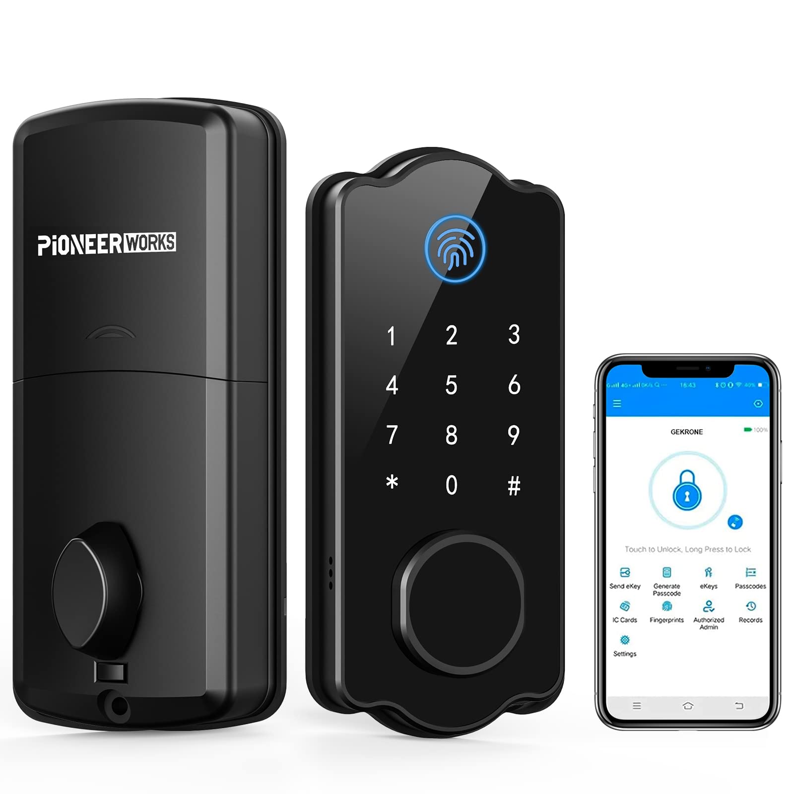 **PIONEERWORKS 5-in-1 Smart Keyless Entry Door Lock – Fingerprint, IC Card, Keypad, App & Key Access, Auto-Lock, Locking History – Black | Secure Your Home, Office & Vacation Rental**