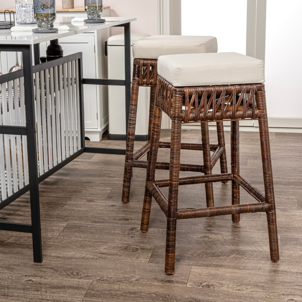 Bali Rustic Bohemian Hyacinth & Wood Backless Counter Stool - Handwoven Natural Bar Stool for Kitchen Island, Breakfast Nook, or Outdoor Patio Dining