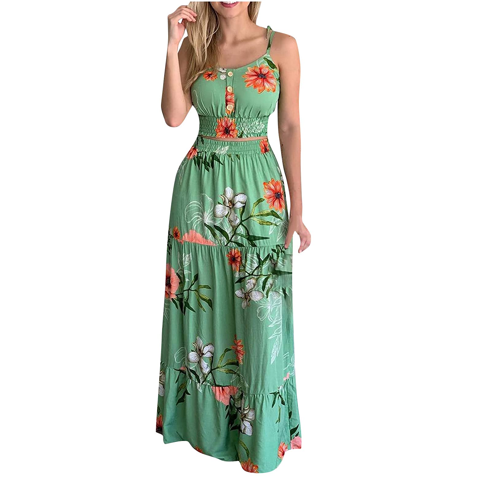 Women's 2 Piece Floral Outfit Set - Spaghetti Strap Crop Top & Flowy Maxi Skirt | Summer Beach Vacation, Boho Festival, Date Night Outfits