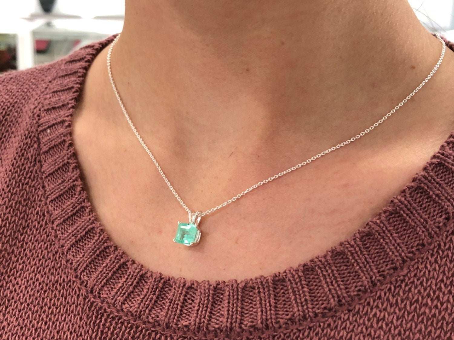 2.10 Carat Asscher Cut Emerald Solitaire Necklace in 925 Sterling Silver - Elegant Four Prong Setting for Weddings, Anniversaries & Special Occasions