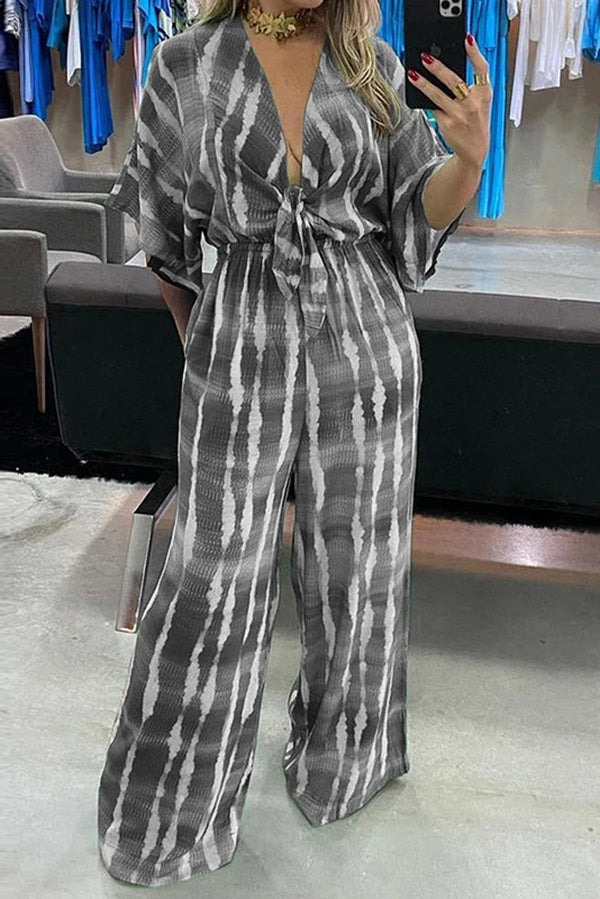 Stylish Striped Print V-Neck Lace-Up Wide Leg Jumpsuit for Women | Casual Summer Outfit | Perfect for Beach, Vacation & Date Night