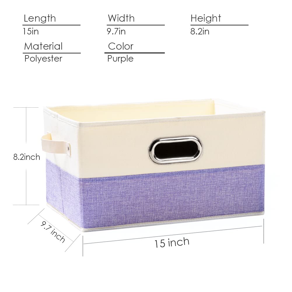 PRANDOM Large Foldable Storage Bins for Closet [3-Pack] - Decorative Fabric Storage Baskets with Leather & Metal Handles - Organizer for Shelves, Bedroom, Living Room - Purple & Cream (14.9x9.8x8.3 Inch) - Perfect for Home Organization & Space Saving