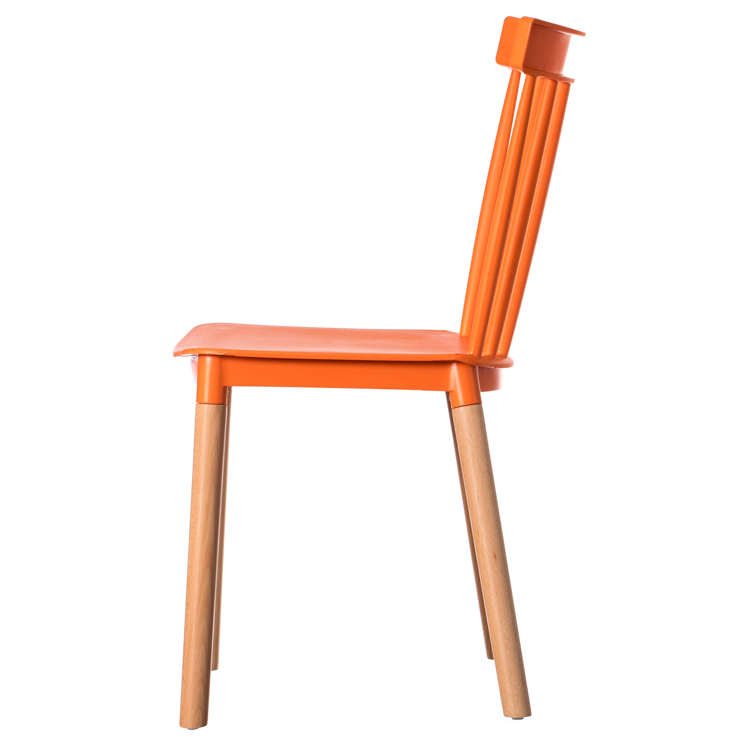 Fabulaxe Modern Plastic Dining Chairs with Beech Wood Legs - Set of 4 Orange Windsor Style Chairs for Kitchen, Dining Room, or Outdoor Patio