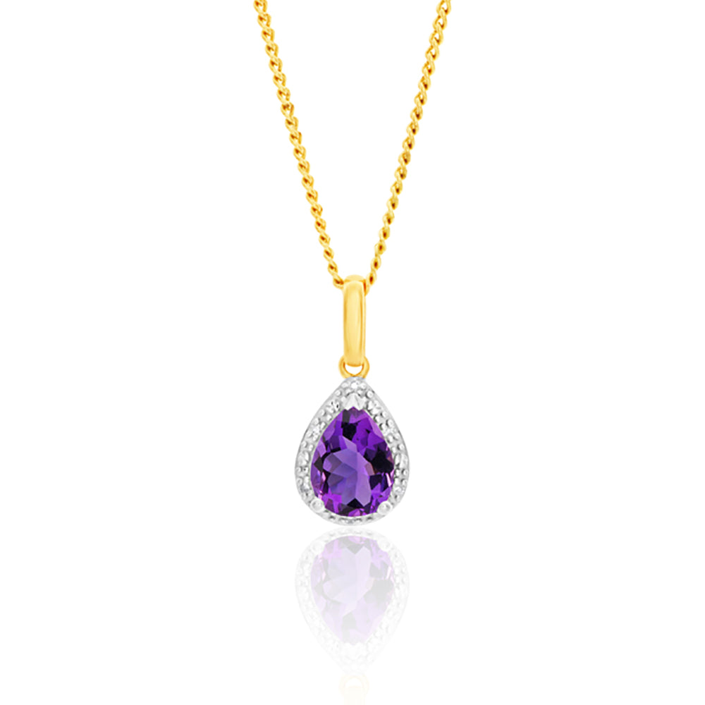 9ct Yellow Gold Amethyst and Diamond Pear Pendant Necklace - Elegant Jewelry Gift for Women, Birthday, Anniversary, Valentine's Day