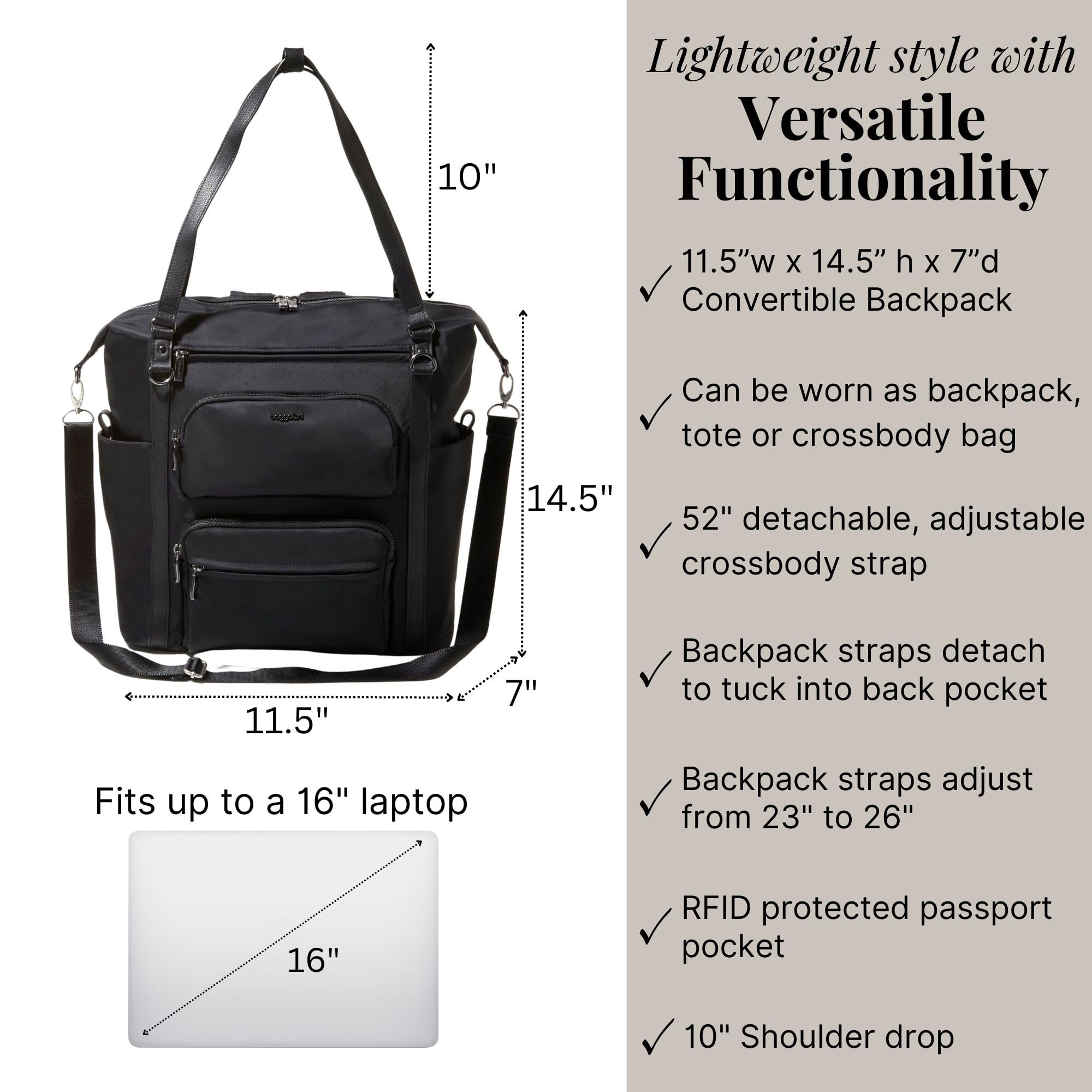 Baggallini Nolita Convertible Backpack - 14x11 Inch Lightweight Travel Backpack with 16 Inch Laptop Sleeve - Versatile Carry-On Luggage for Work, Commute & Weekend Getaways