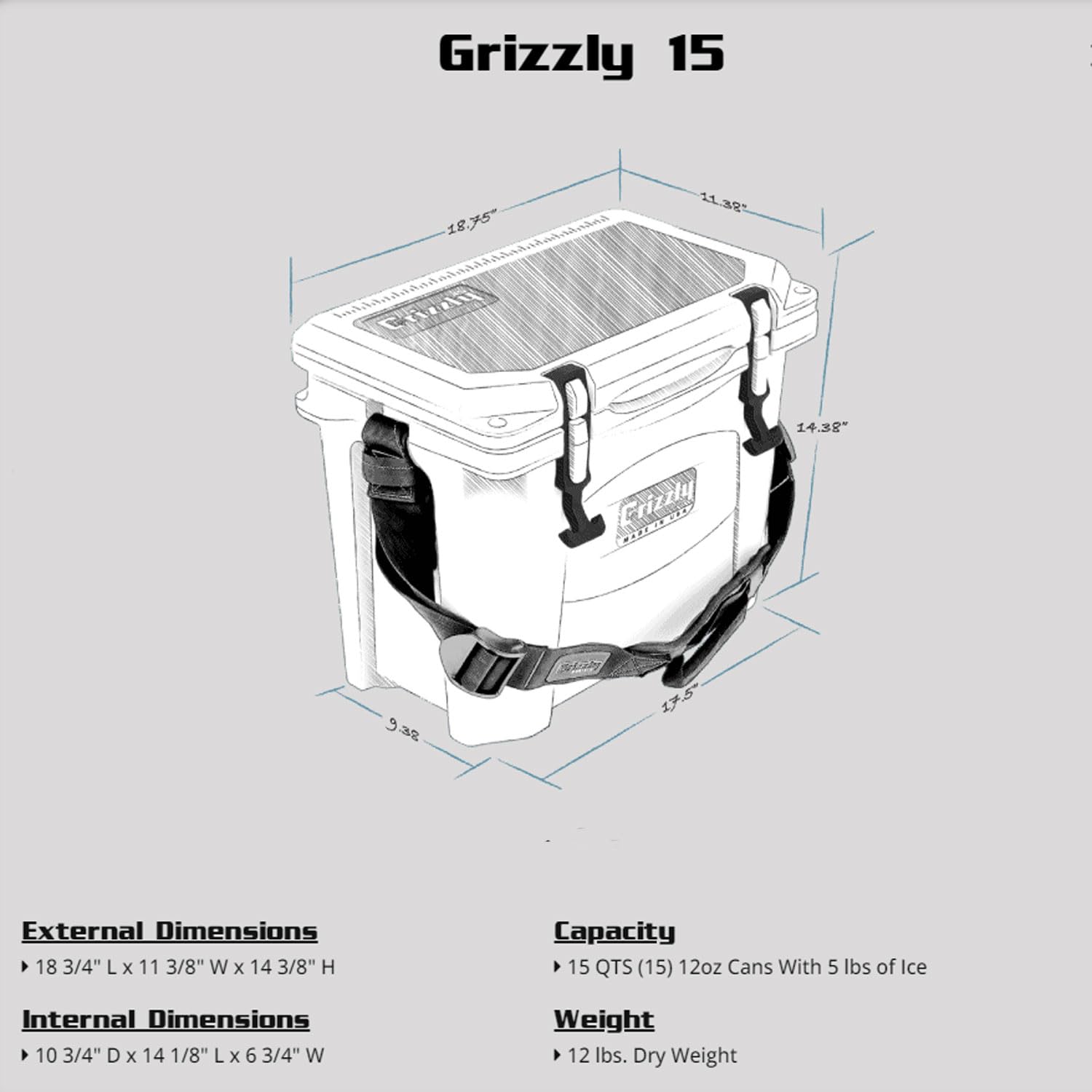 Grizzly 15 Quart Cooler - Durable Rotomolded Insulated Ice Chest for Outdoor Adventures | Made in USA | Lifetime Warranty | Perfect for Beach, Boat, Camping, Fishing & Hunting | G15 Cooler