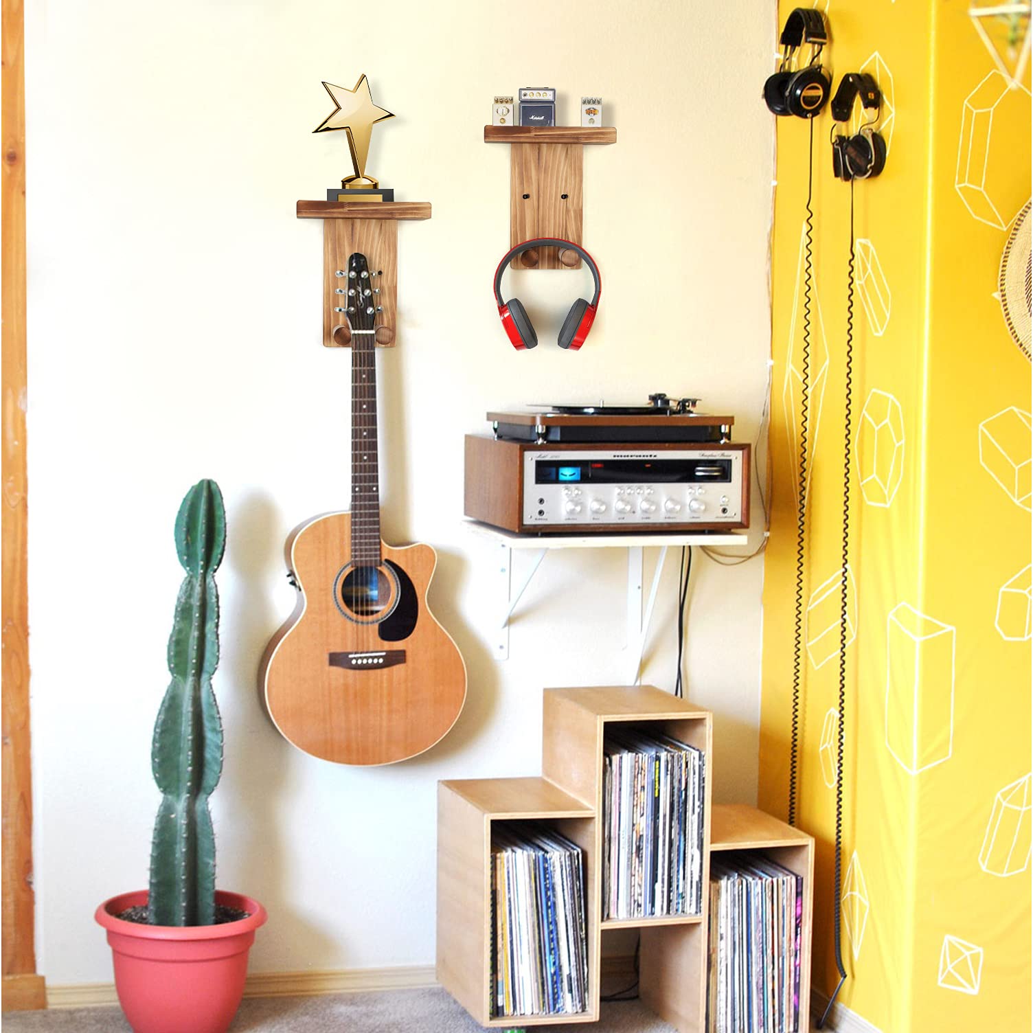 Premium 2-Pack Keebofly Guitar Wall Hangers - Solid Pine Wood Wall Mount Holder with Pick Storage for Acoustic/Electric Guitar, Bass, Ukulele & Mandolin - Space-Saving Instrument Display for Home, Studio & Music Classroom (Brown, Patented Design)
