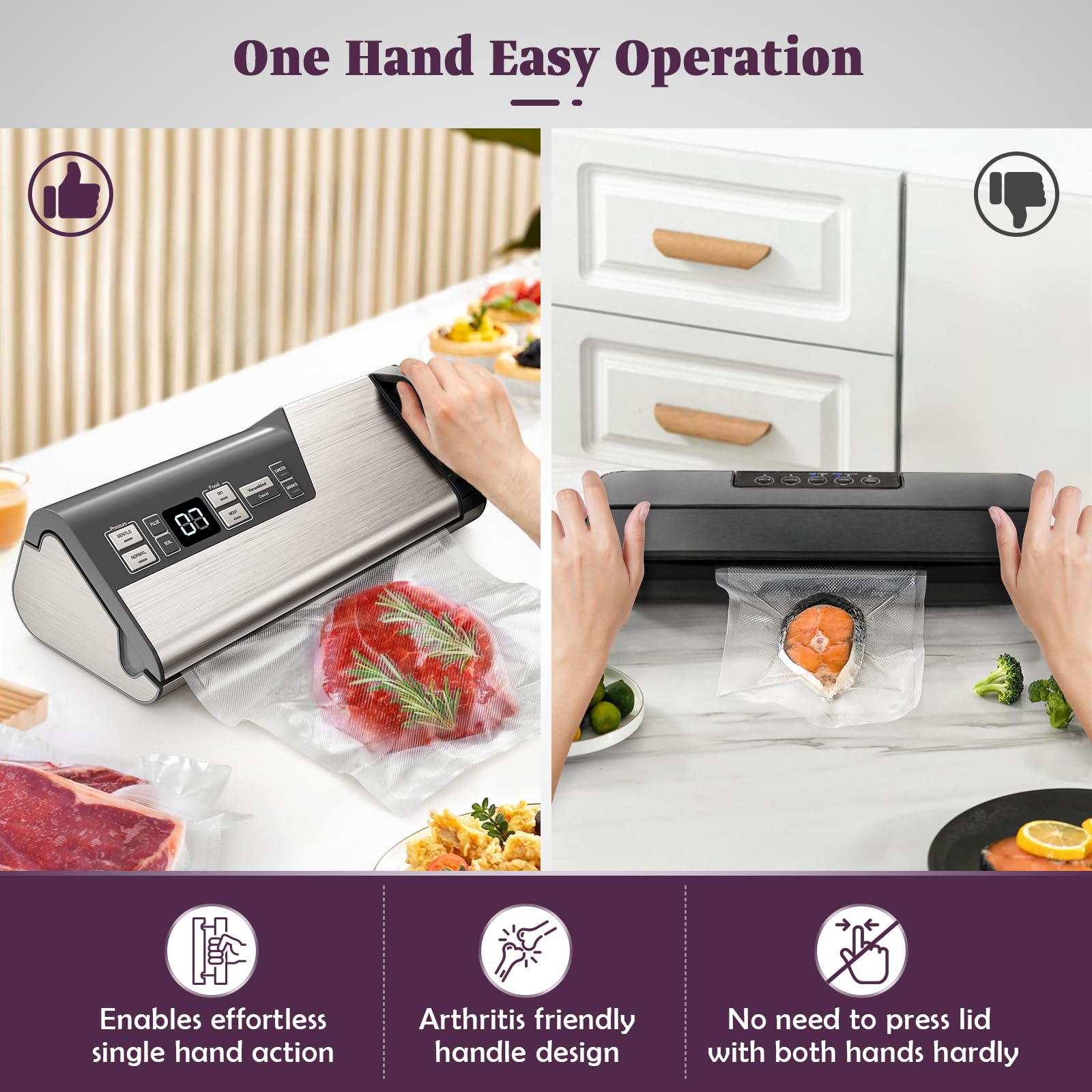 Powerful 95kPa 140W Vacuum Sealer Machine with One-Hand Operation | Double Seal Strip, Built-in Cutter & Countdown Display | Includes 2 Bag Rolls & 5 Pre-cut Bags | PULSE & Marinate Modes | Perfect for Food Storage, Meal Prep & Sous Vide Cooking