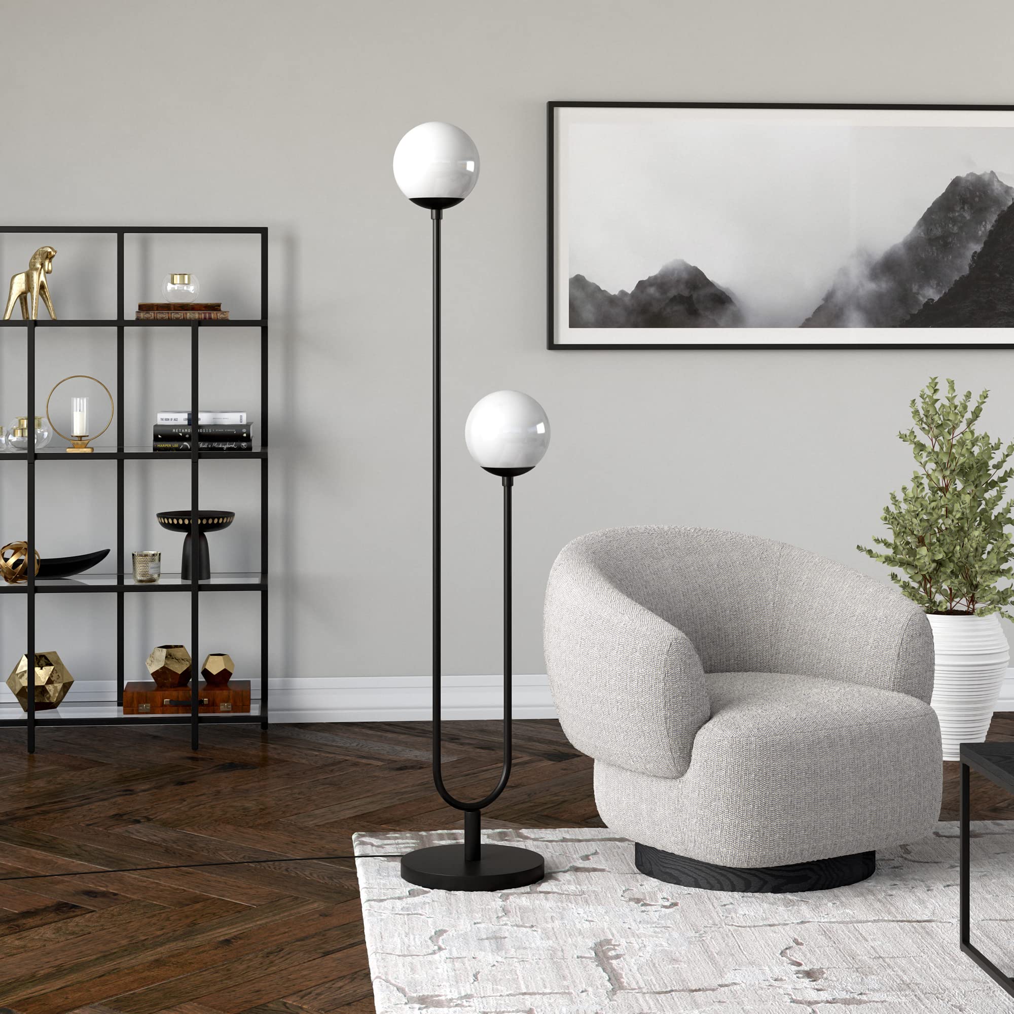 Henn&Hart 2-Light Modern Floor Lamp with Glass Shades - Blackened Bronze/White Milk Finish - 68.5