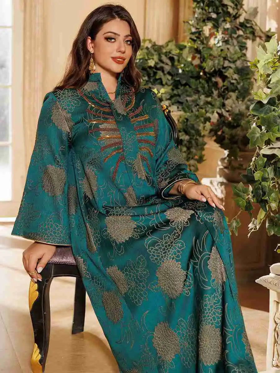 Elegant Jacquard Beaded Caftan Dress for Women - Boho Maxi Kaftan with Intricate Embroidery - Perfect for Eid Celebrations, Weddings & Special Occasions