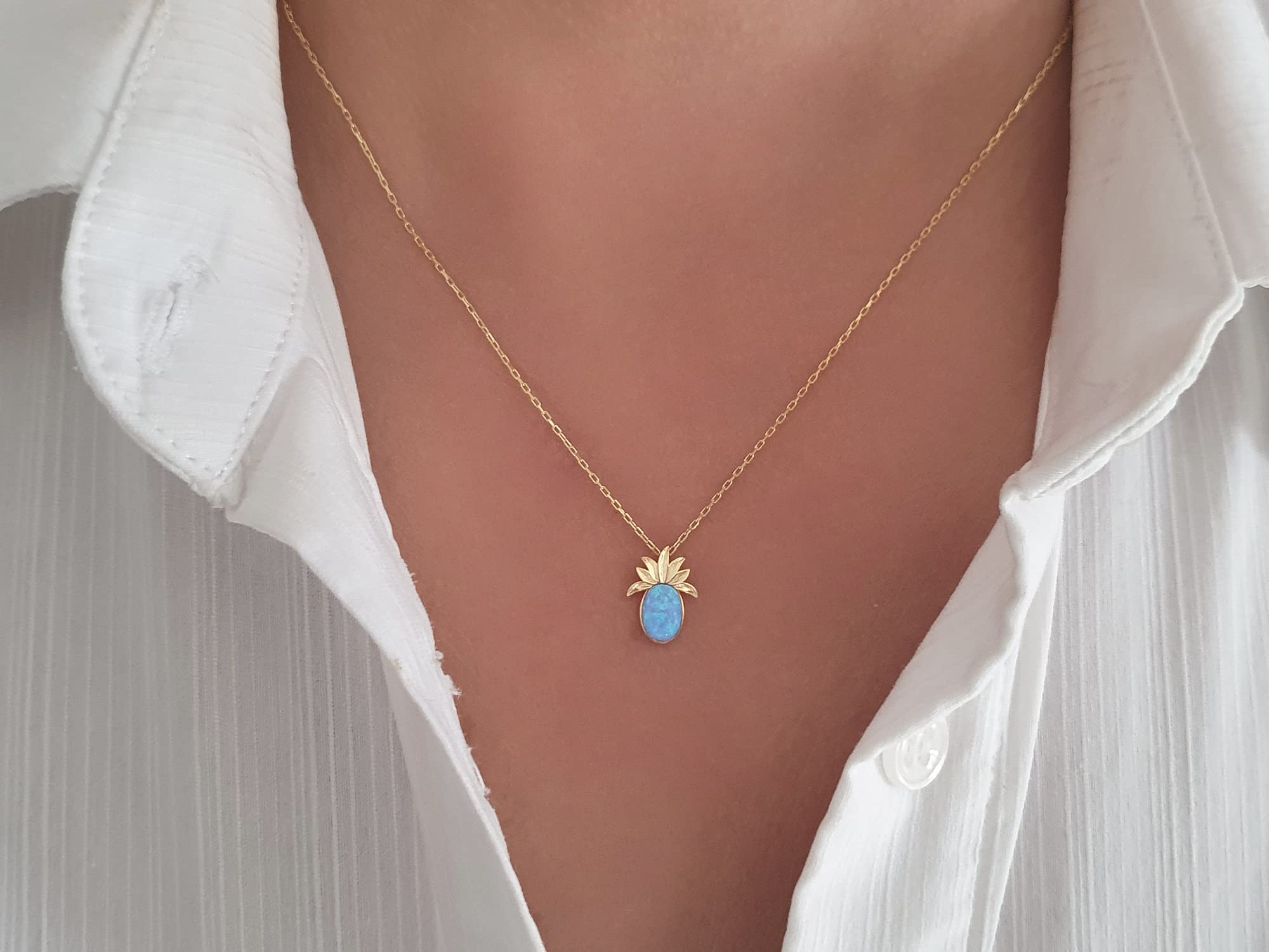 14K Solid White Gold Pineapple Blue Opal Pendant Necklace - Dainty Jewelry Gift for Women, Christmas, Valentine's Day & Mother's Day - Perfect for Everyday Wear, Date Nights & Special Occasions