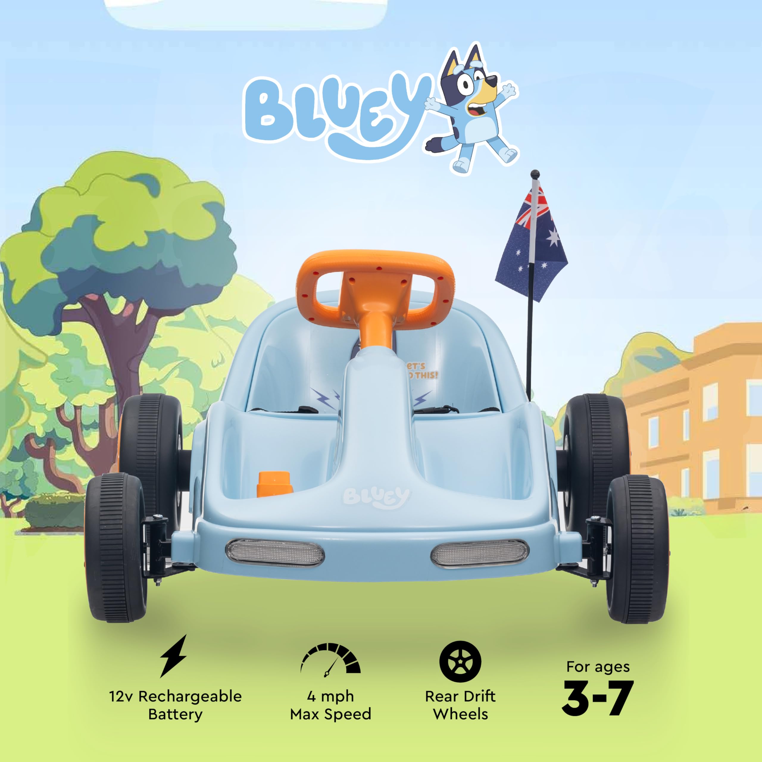 Bluey 12V Electric Go Kart for Kids - Ride-On Toy with LED Lights & Safety Seat Belt | Ages 3-6 Years | Durable PVC & Iron Frame | Rechargeable Battery | Indoor & Outdoor Play | Perfect for Birthday Gifts & Backyard Adventures