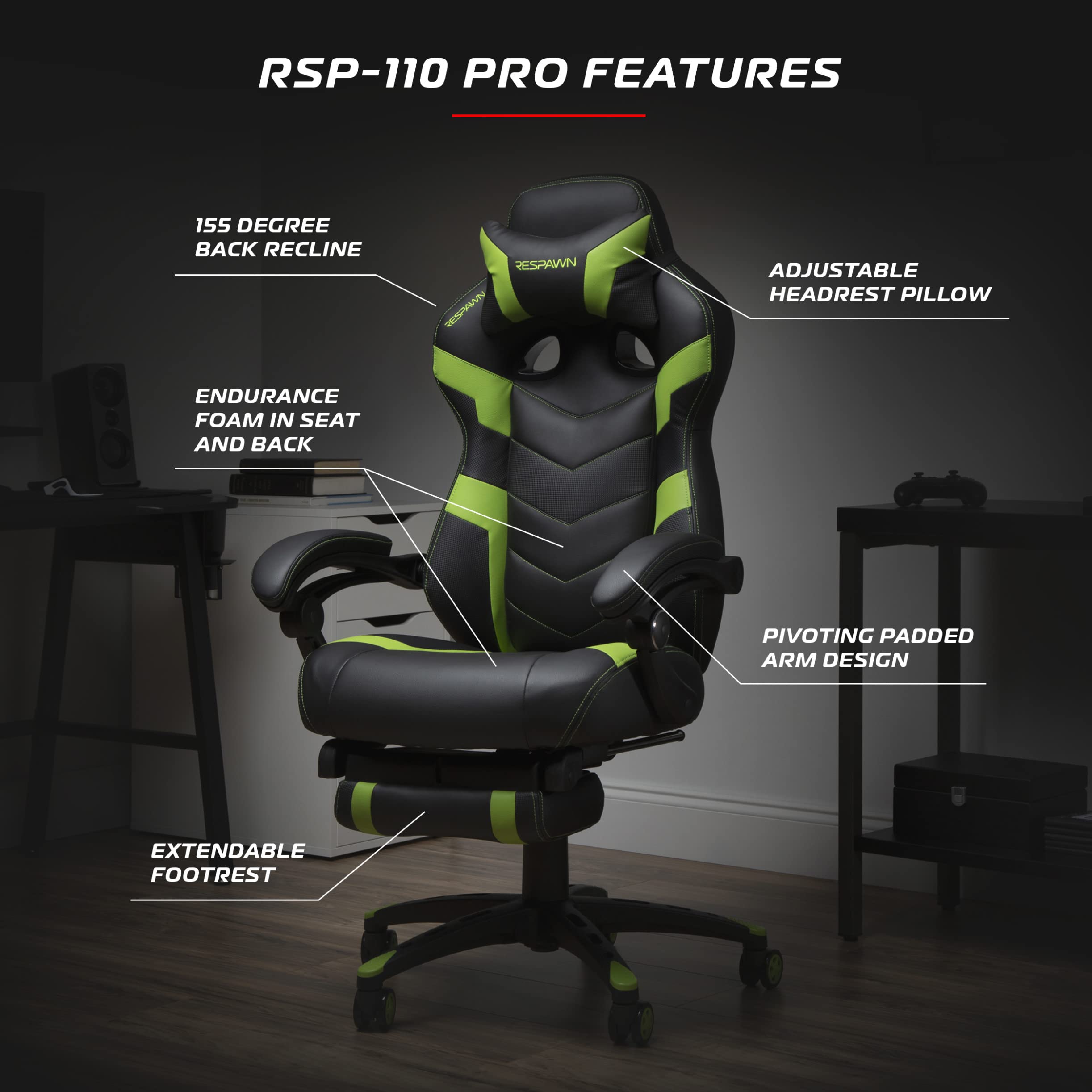 RESPAWN 110 Ergonomic Gaming Chair with Footrest Recliner - Racing Style High Back Office Chair for PC & Desk - 360° Swivel, Adjustable Lumbar Support & Headrest - Padded Armrests - Green (2021 Model) - Perfect for Gaming, Streaming & Home Office Workspace