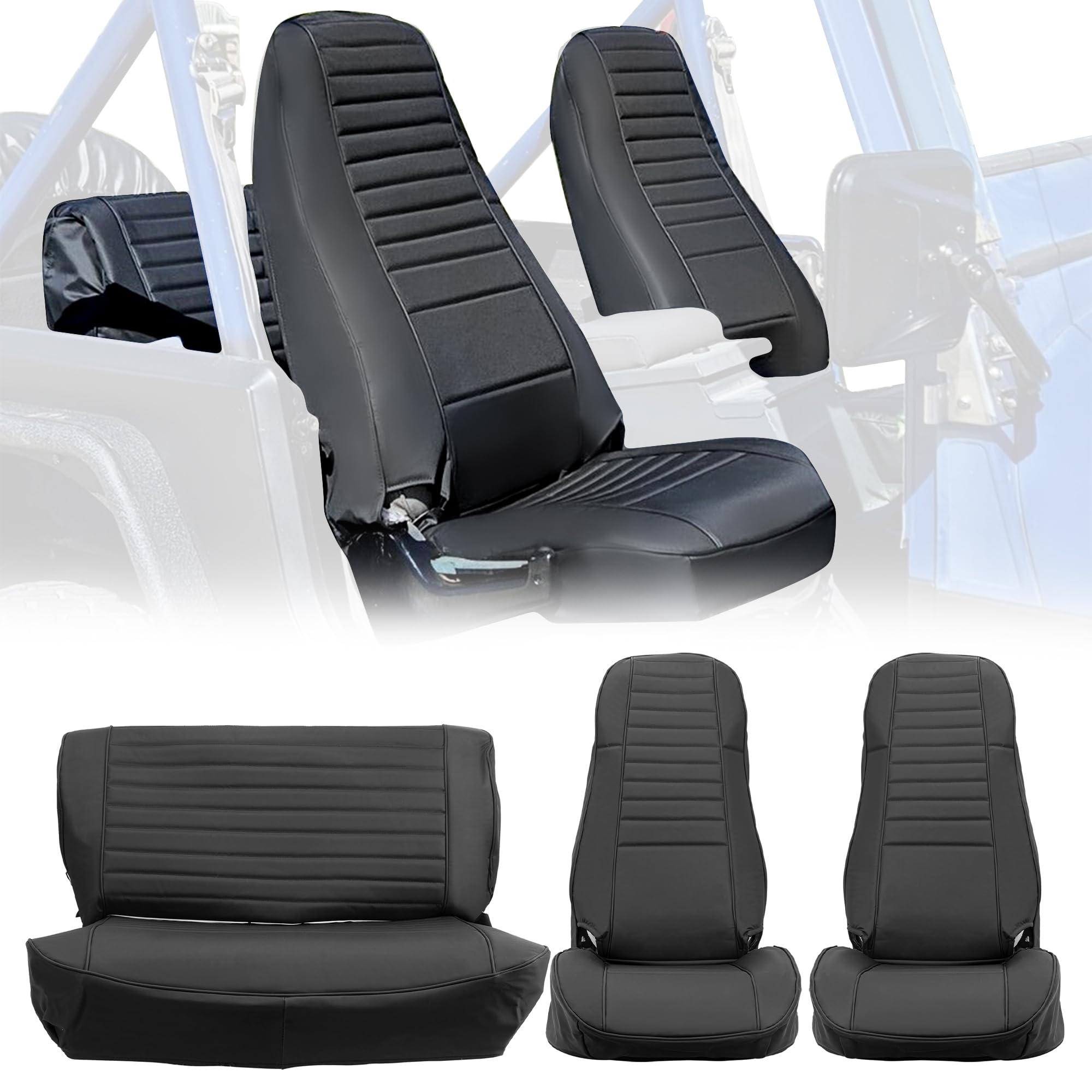 ECOTRIC Black Synthetic Leather Seat Covers for 1976-1986 Jeep CJ7 CJ8 & Early YJ up to 1990 - Front High-Back Bucket & Rear Bench Seat Covers - Durable, Waterproof & Easy to Install for Off-Roading & Daily Driving