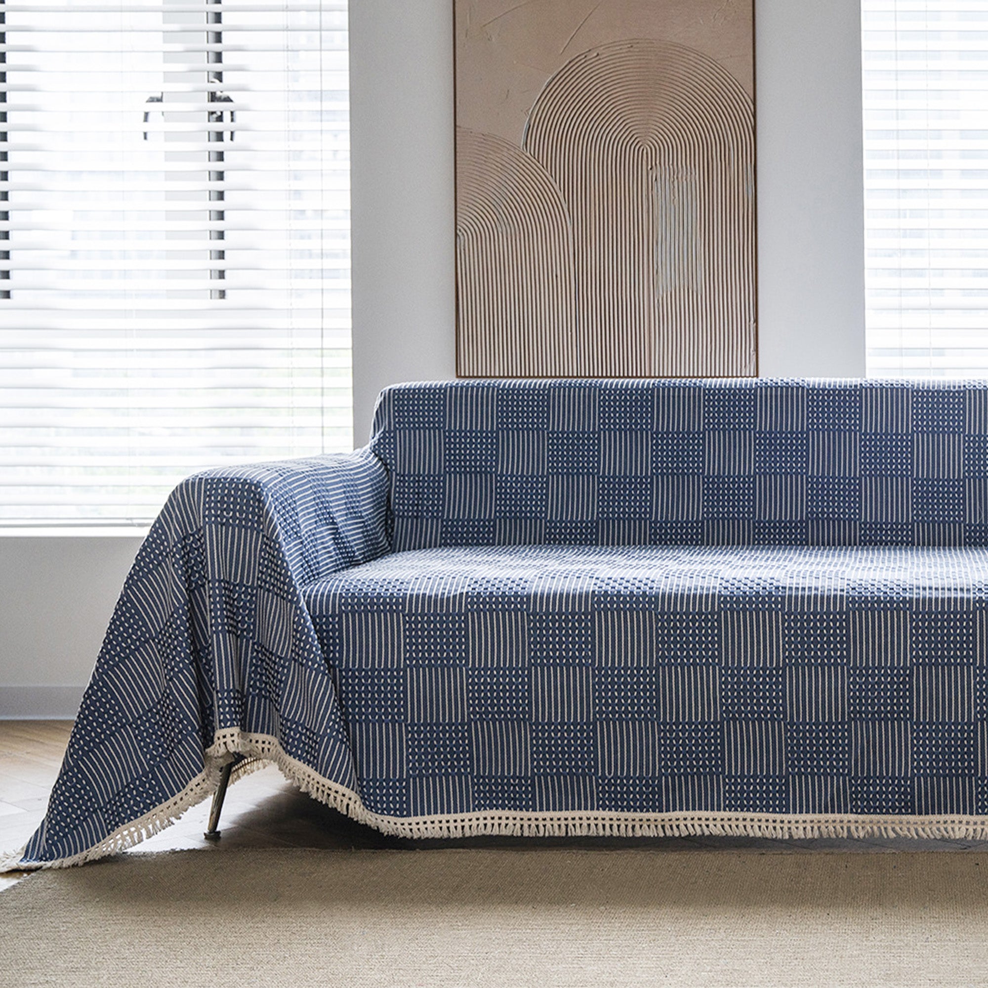 Textured Indigo Patchwork Sofa Cover - Soft Stretchable Couch Slipcover for Living Room, Sectional, Loveseat - Home Decor Protection for Pets & Kids