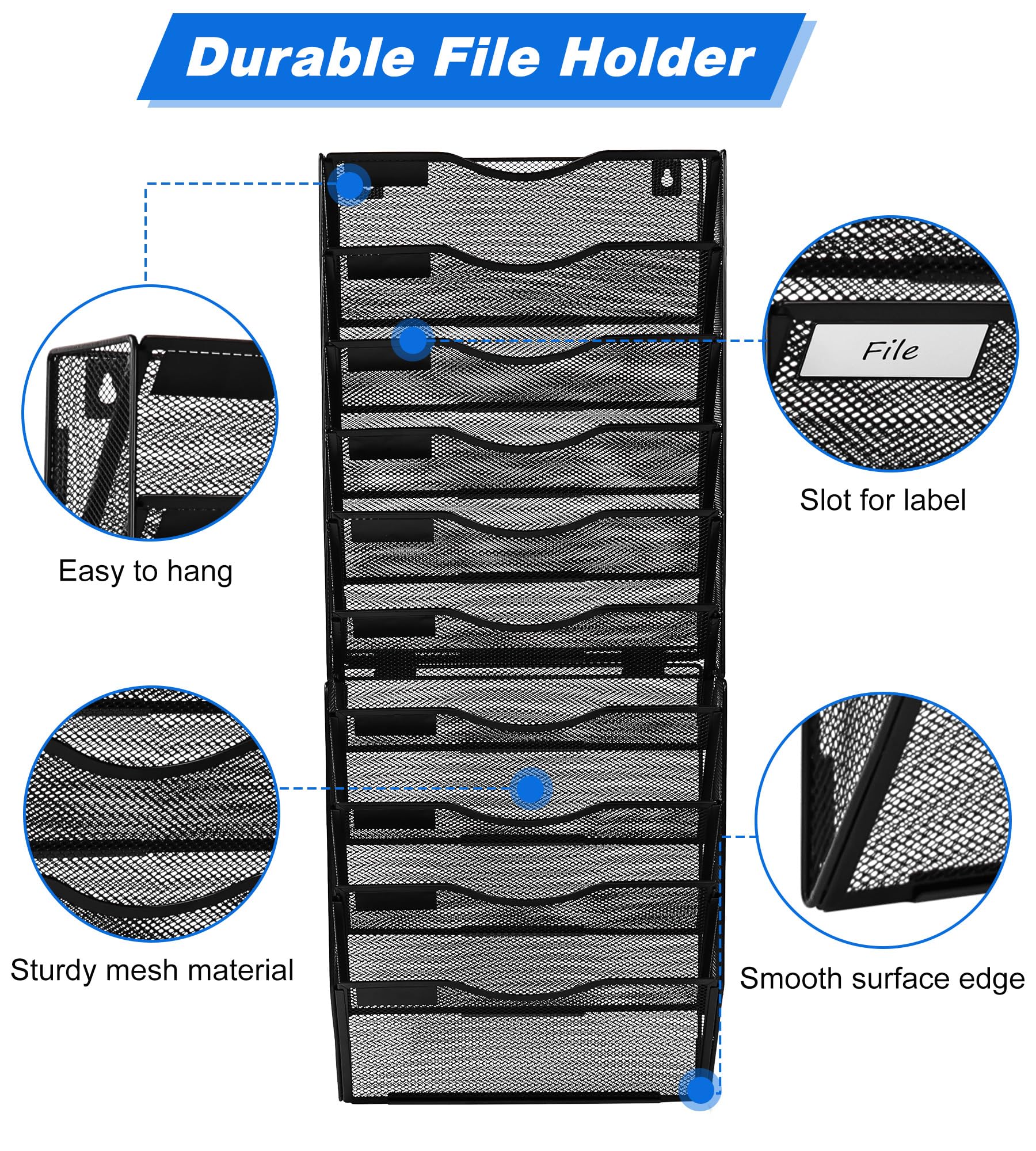 10-Pocket Wall File Holder - Hanging Document Organizer with Folders for Office, Home & School - Black Wall-Mounted Paper Storage for Files, Mail & Magazines - Perfect for Desk Organization & Space Saving