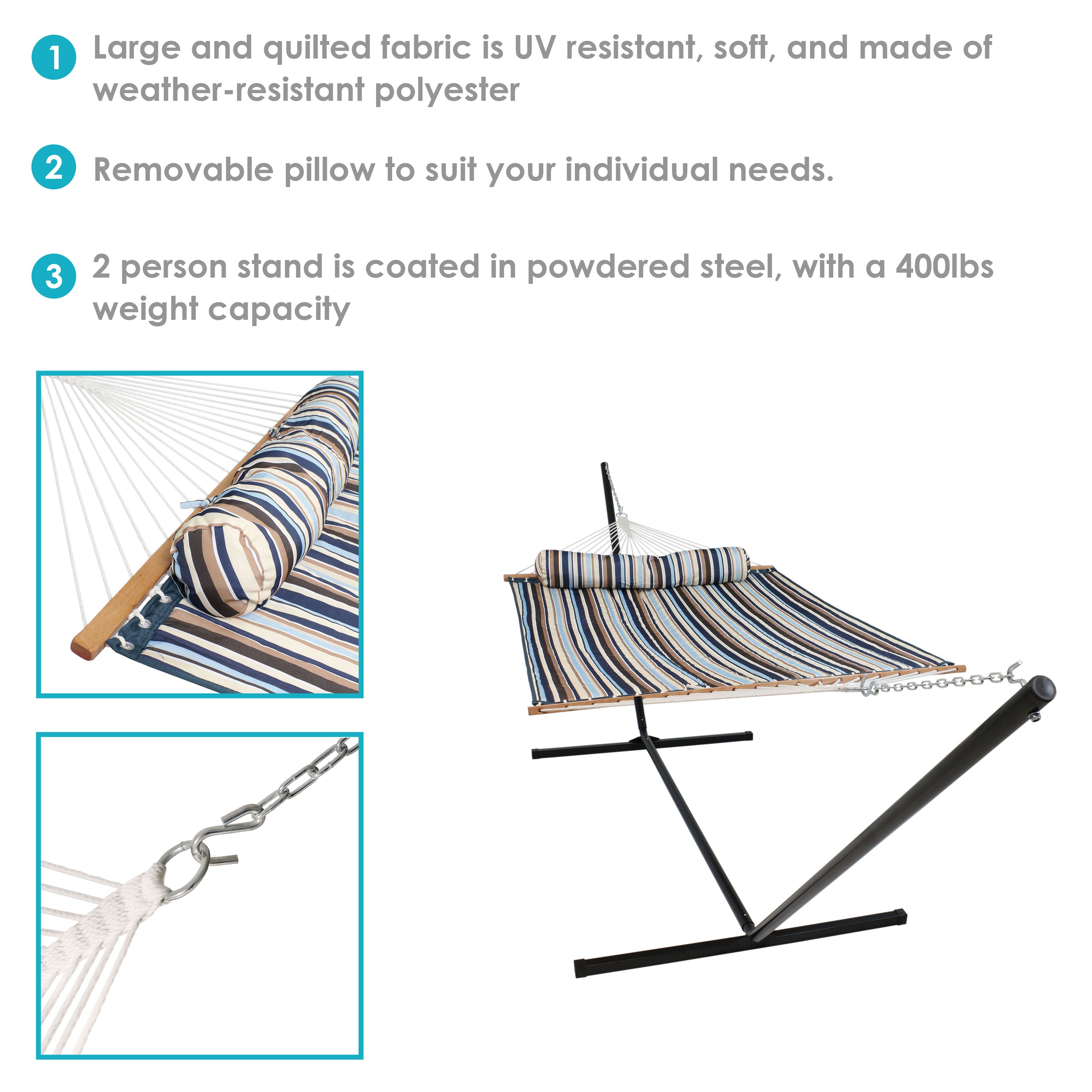 Sunnydaze 2-Person Freestanding Quilted Fabric Hammock with Stand - Portable Outdoor Hanging Bed for Backyard, Patio, Beach & Camping