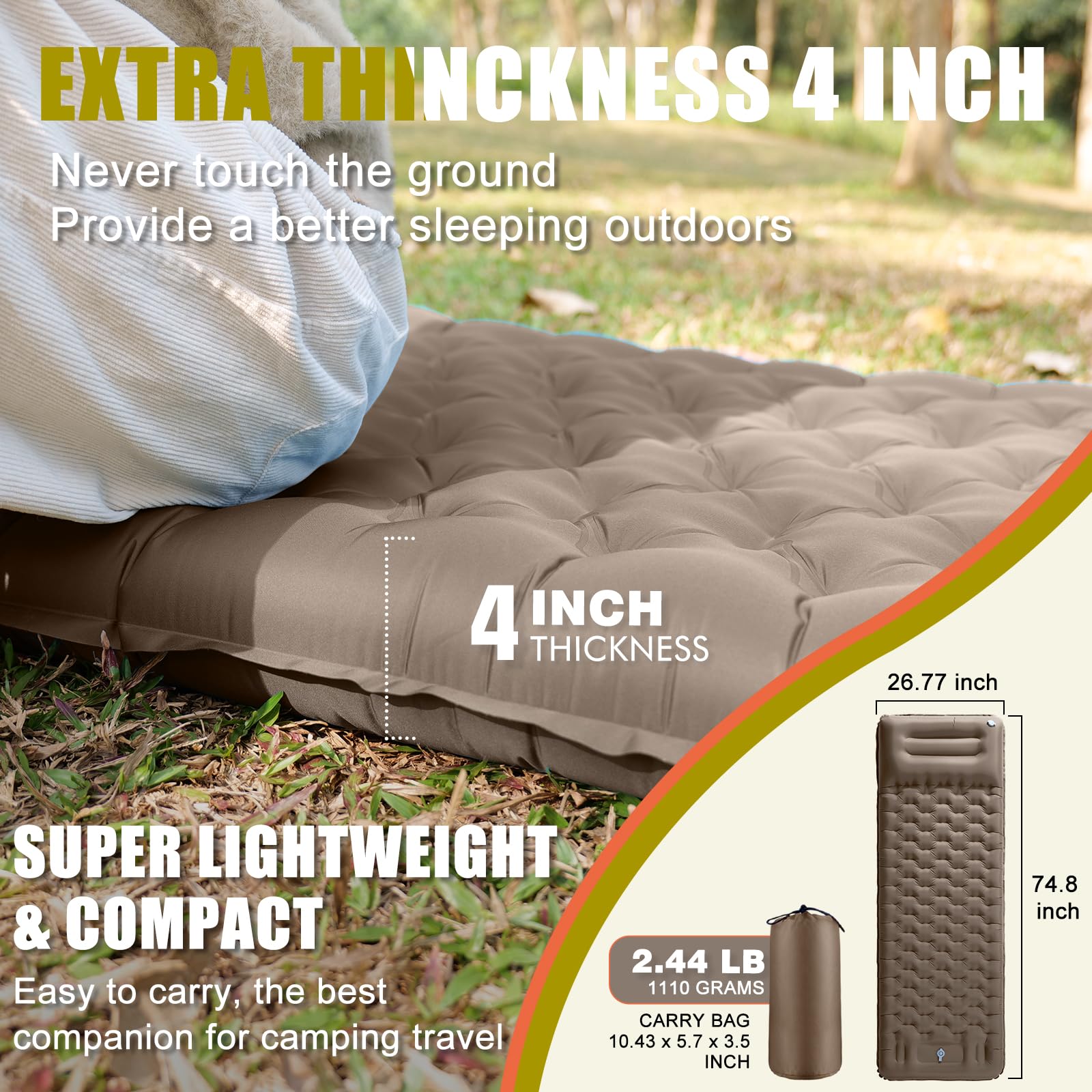 **4 Inch Inflatable Camping Sleeping Pad with Built-in Pump - Ultra-Thick & Lightweight Air Mattress for Backpacking, Hiking, Tent Travel - Perfect for Outdoor Adventures & Comfortable Sleep**