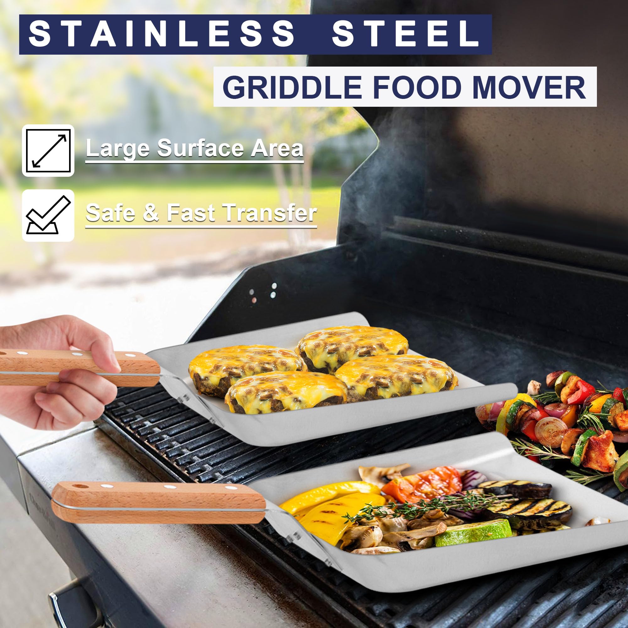 Joyfair 2-Piece Large Metal Spatula Set - Heavy Duty Stainless Steel Griddle Scoop & Burger Turner for Flat Top BBQ Grill - Corrugated Surface Grilling Accessories with Wooden Handle - Perfect for Outdoor Cooking, Camping, and Backyard BBQs