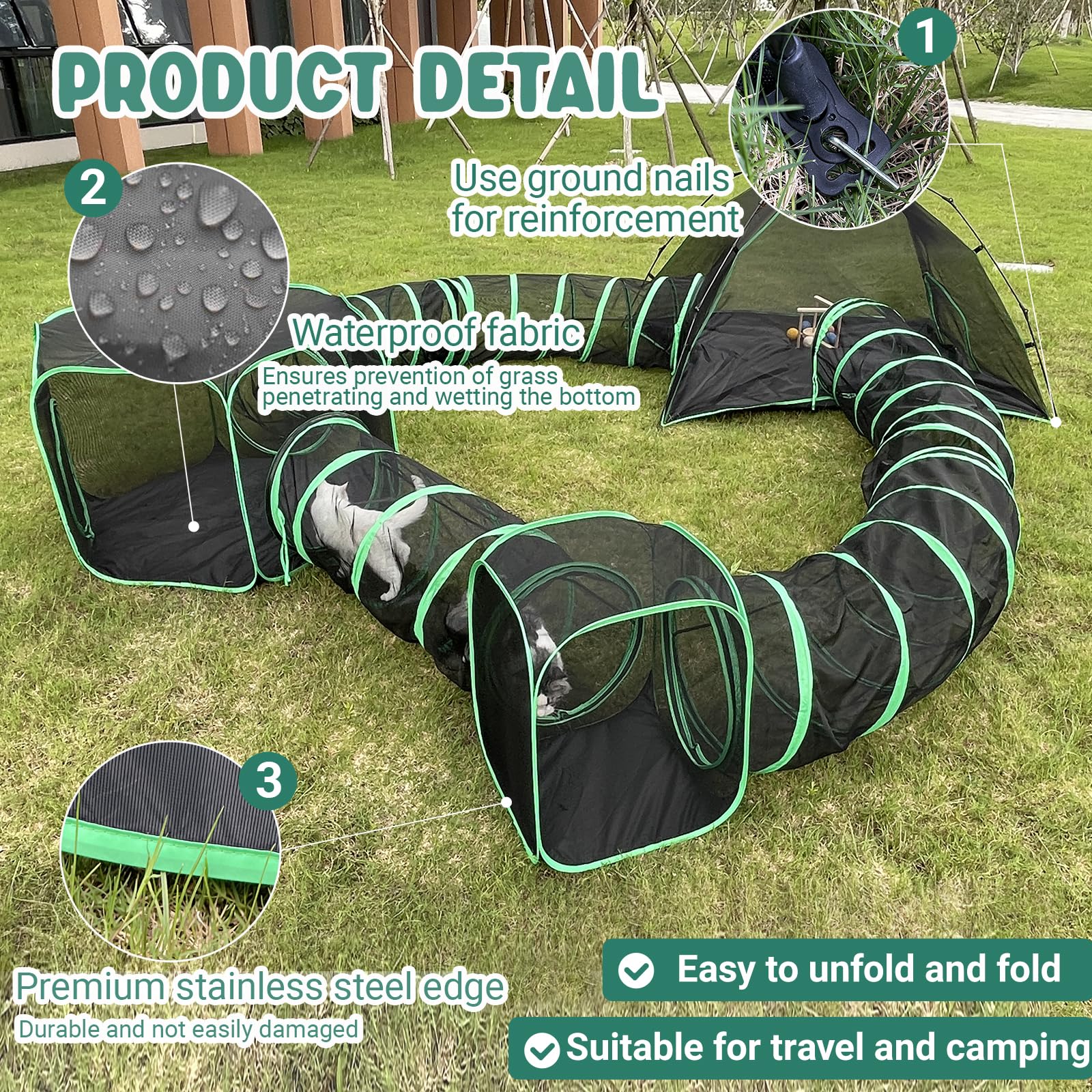 6-in-1 Outdoor Cat Tent & Playpen - Portable Cat Enclosure with 3 Tents & 3 Tunnels for Indoor Cats - Perfect for Backyard, Camping & Travel Adventures
