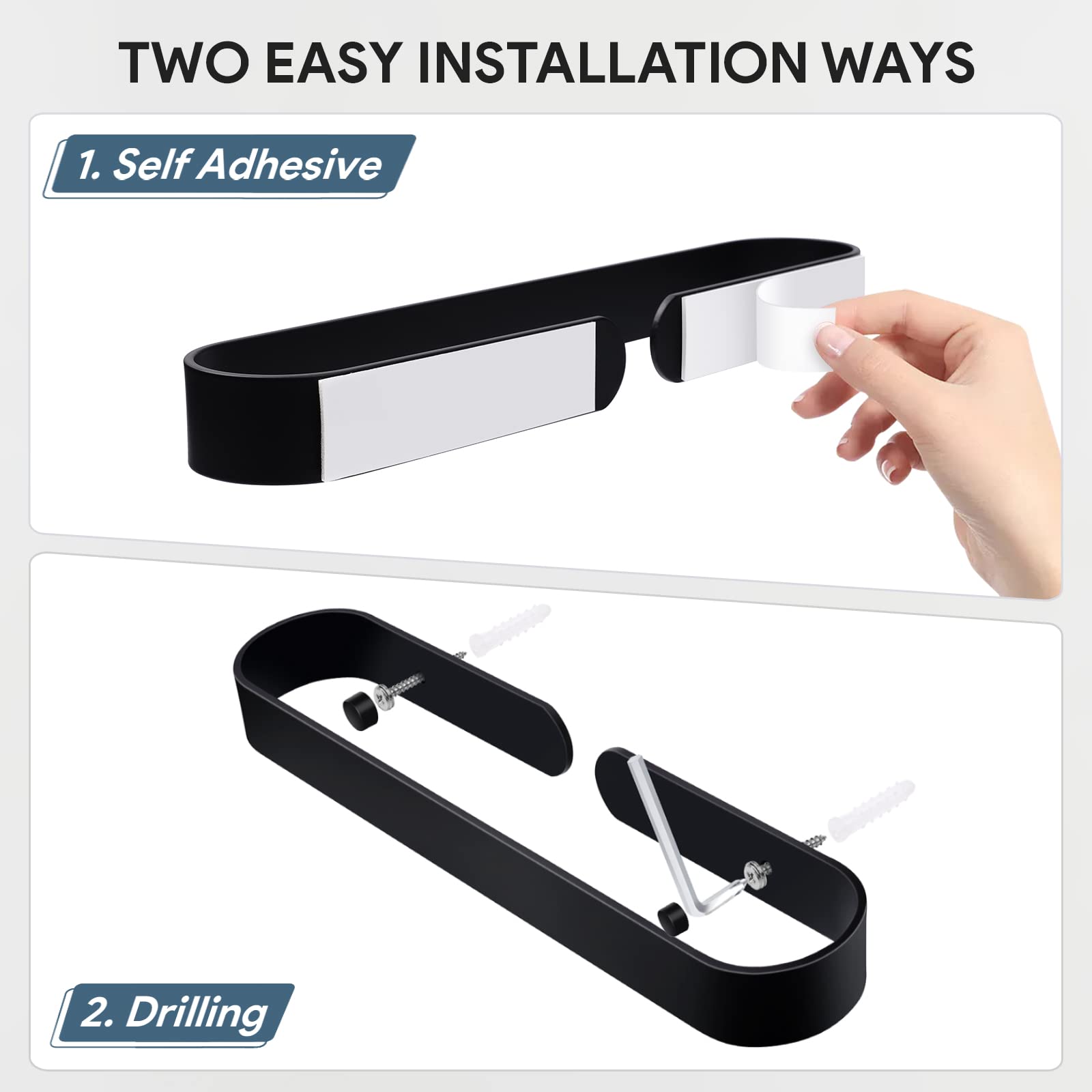 12 Inch Hand Towel Holder - Self Adhesive & Screw Mounted Aluminum Towel Bar for Bathroom & Kitchen - Matte Black Towel Hanger for Easy Access & Space Saving Organization
