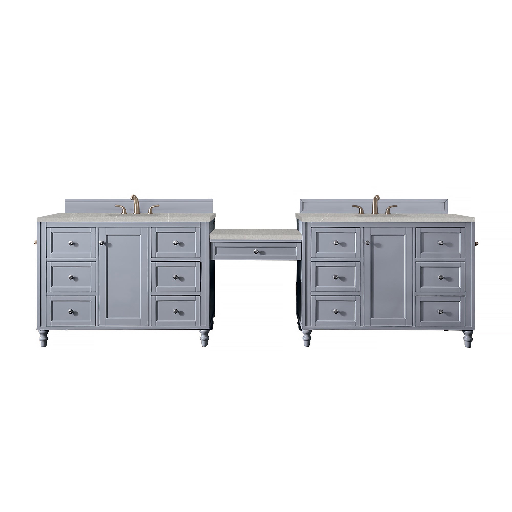 Copper Cove Encore 122 Double Vanity Set with Makeup Table - Silver Gray Finish & 3CM Eternal Serena Quartz Countertop | Modern Bathroom Vanity for Master Bath & Guest Bath Remodel