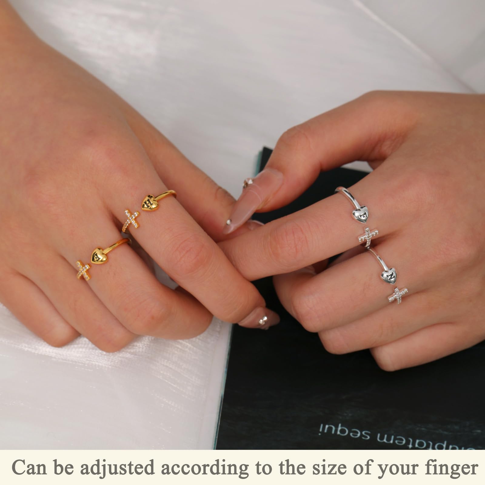 RLMOON Heart Initial Ring - 14K Gold/Silver Plated Cubic Zirconia Cross Ring for Women & Teen Girls | Adjustable Dainty Letter Ring | Personalized Jewelry Gift for Birthday, Valentine's Day, Anniversary & Everyday Wear