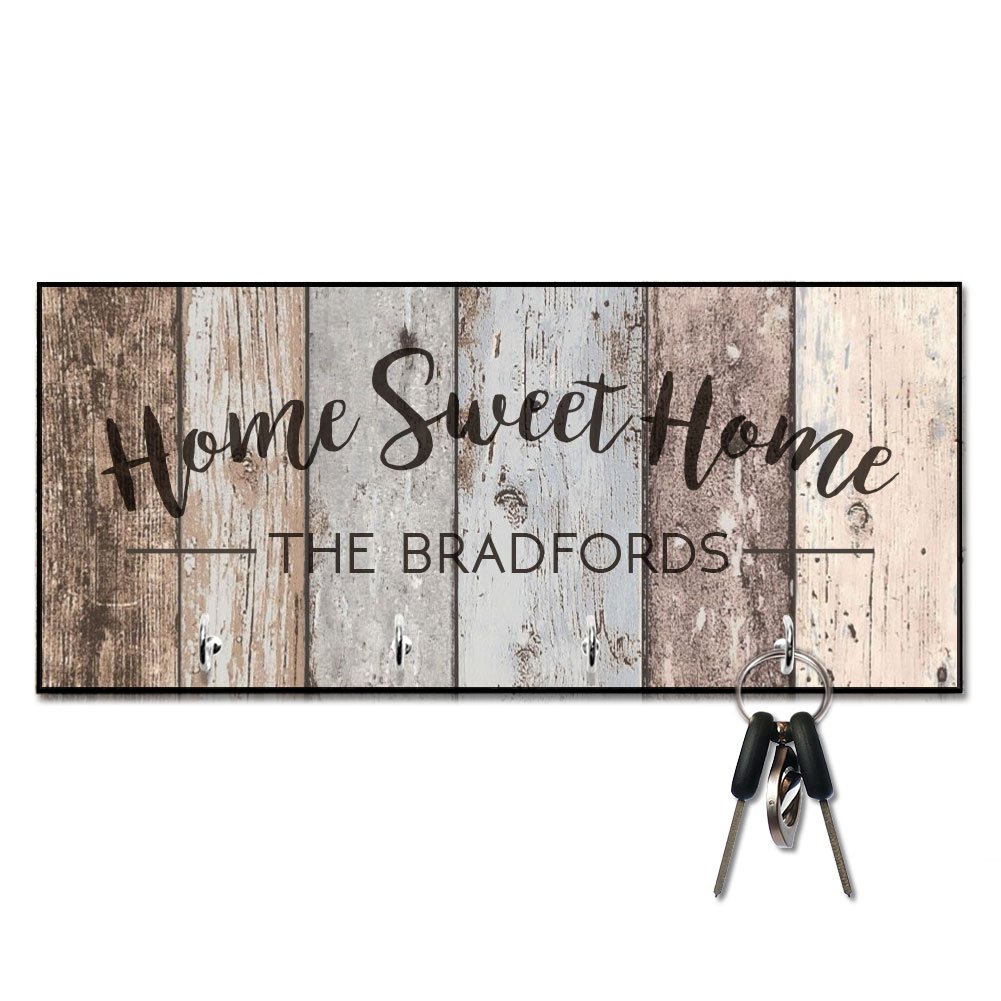 Personalized Rustic Wood Plank Key Hanger - Custom Home Sweet Home Wall Decor for Entryway, Mudroom & Farmhouse Style Homes