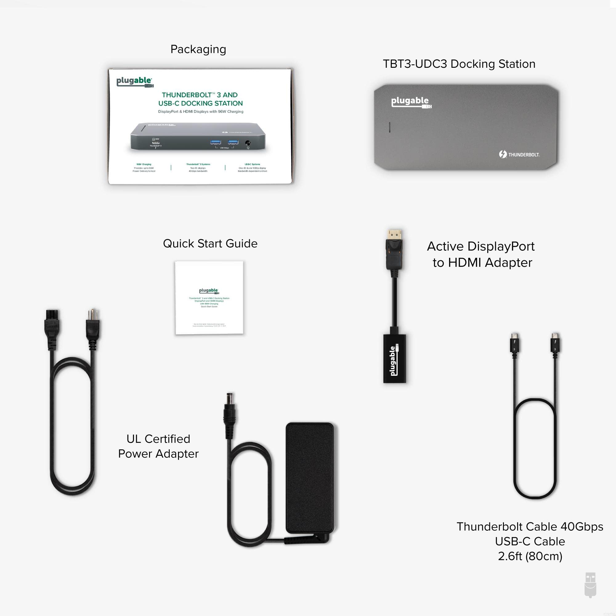 Plugable Thunderbolt 3 & USB C Docking Station with 96W Charging - Dual Monitor Dock for MacBook Pro/Air & Windows Laptops - 4K HDMI & DisplayPort, 5 USB Ports, Gigabit Ethernet, Audio Jack - Perfect for Home Office & Remote Work Setup