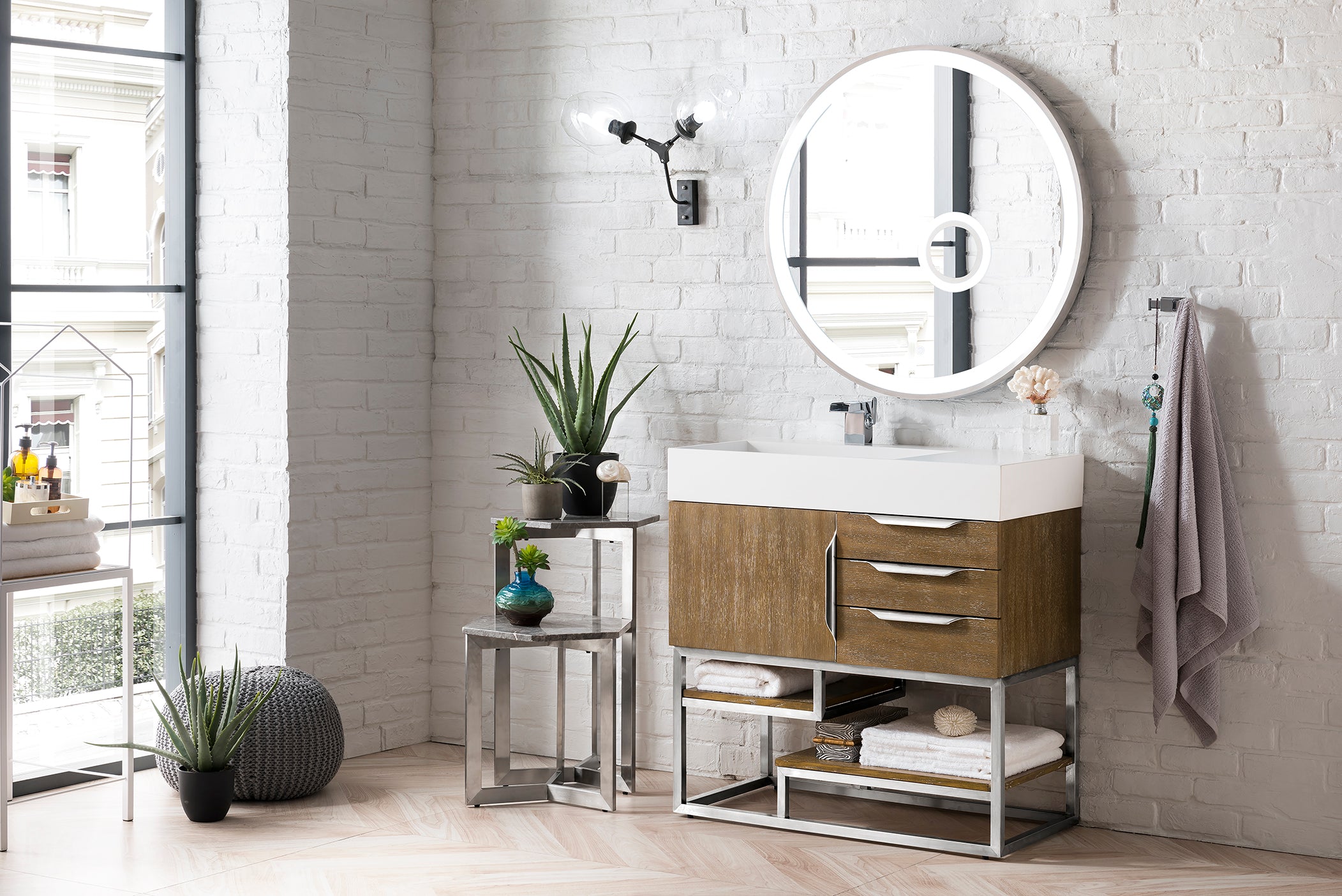 Columbia 36 Inch Single Bathroom Vanity with Glossy White Composite Top in Latte Oak Finish - Perfect for Modern Bathrooms, Powder Rooms & Small Space Remodels