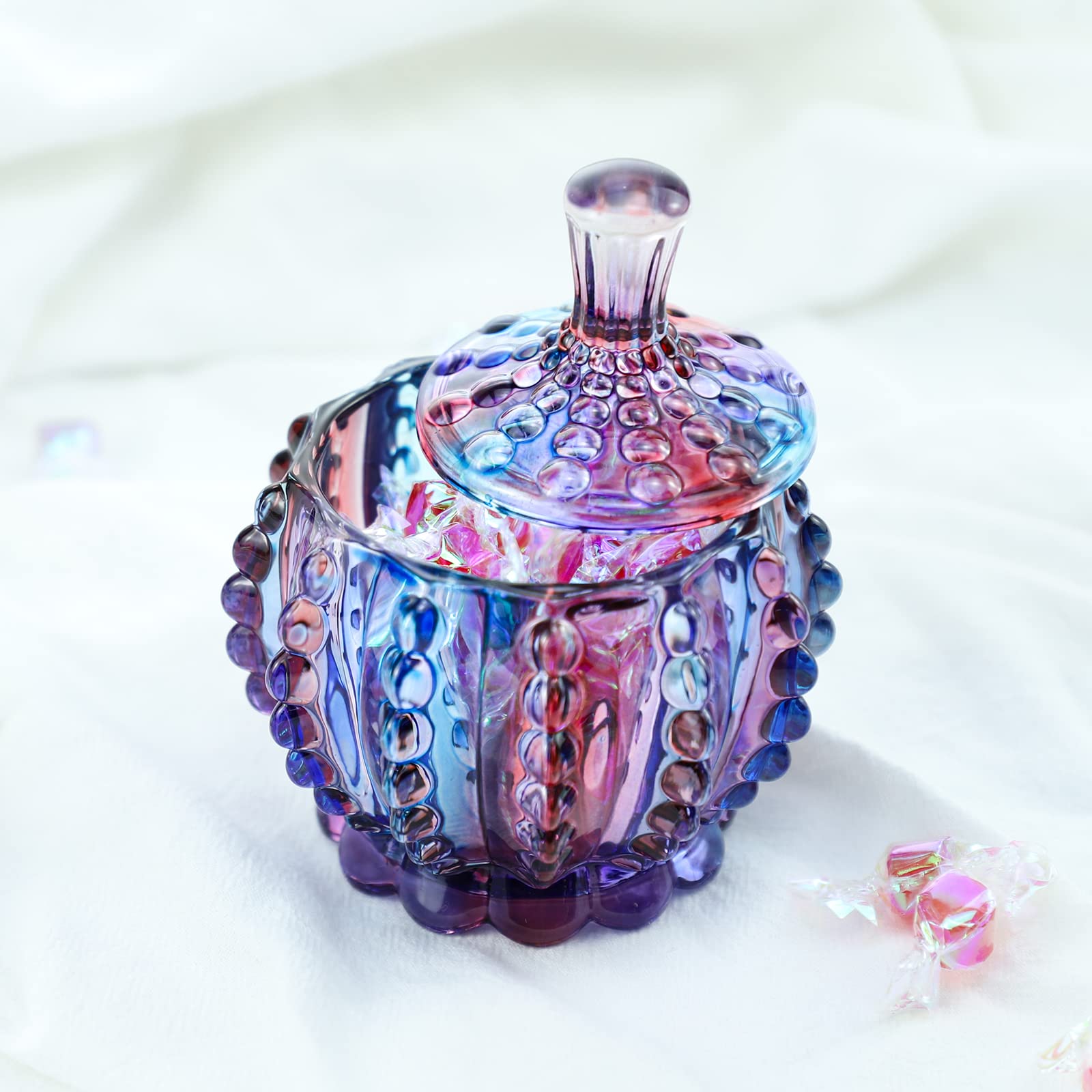 Royal Embossed Clear Glass Apothecary Jar with Lid - 7oz Candy Storage Container, Wedding Buffet Display, Jewelry Organizer & Food Jar - Elegant Purple Chain Design | Perfect for Home Decor, Party Favors & Gift Packaging