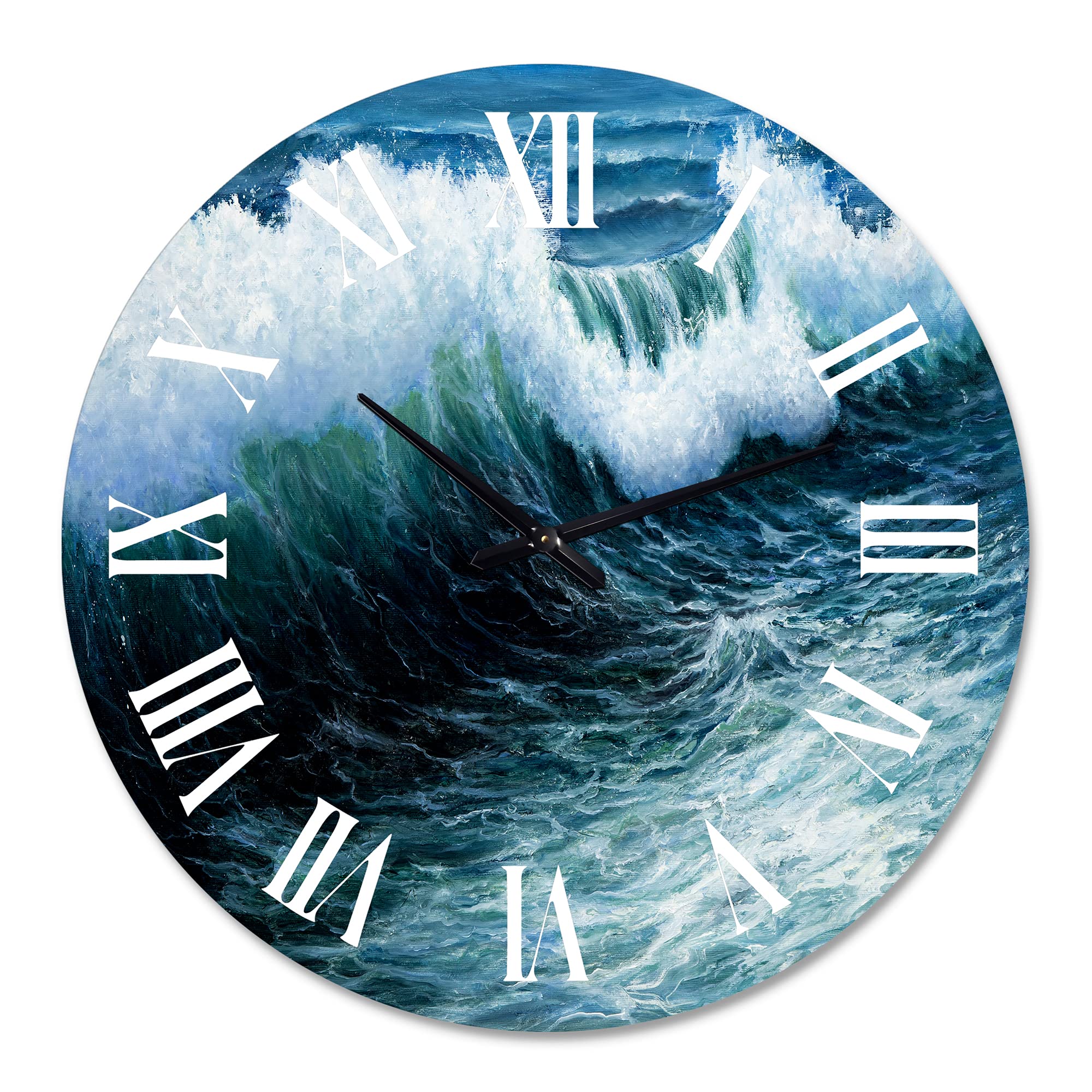 DesignQ Nautical Coastal Wall Clock - 'Storm Waves in The Ocean' Blue Round Clock for Living Room, Bedroom, Office - Perfect Beach House & Coastal Decor