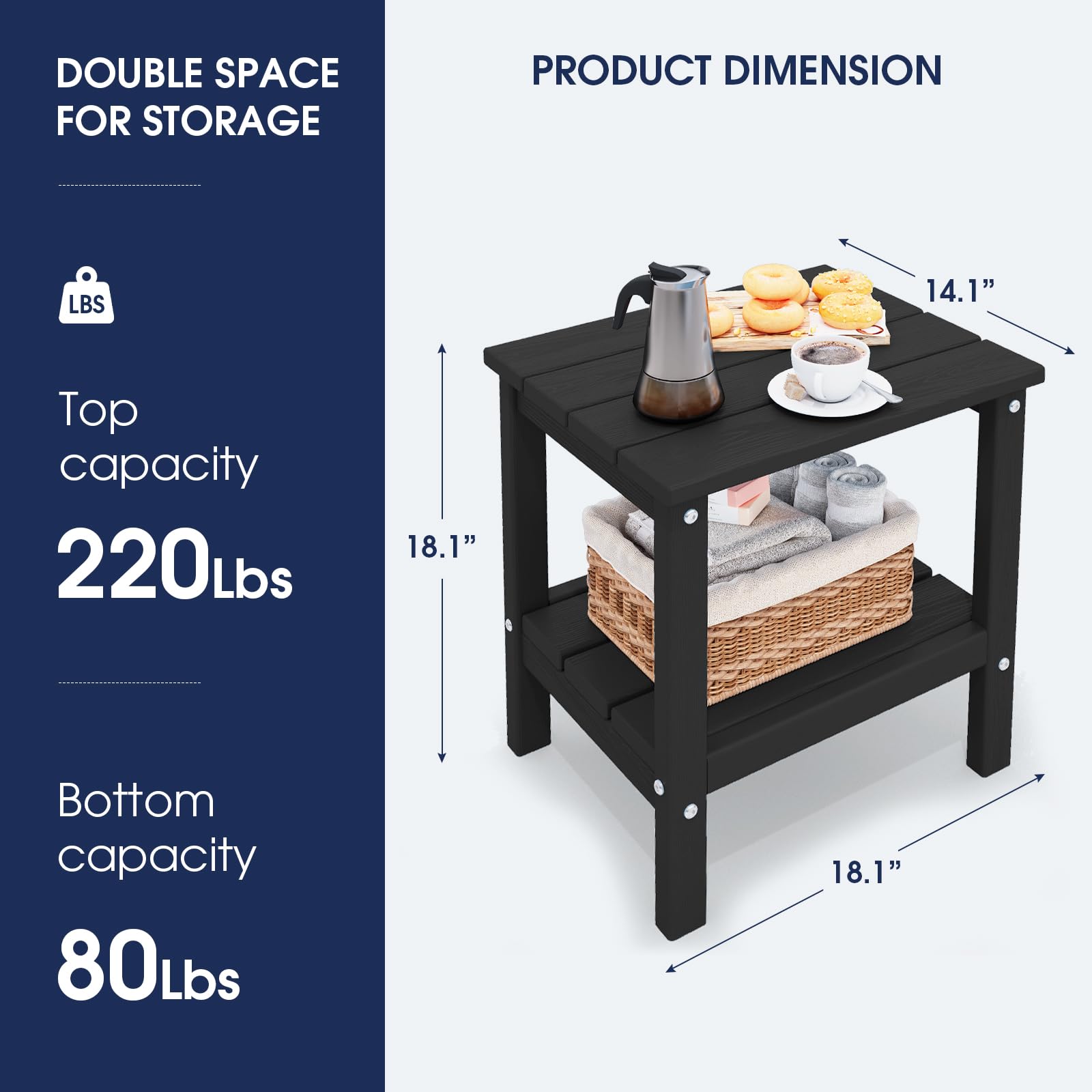KINGYES Outdoor Side Table Set of 2 - Double Layer Adirondack End Tables in Black - Perfect for Patio, Garden, Poolside & Deck Furniture Accessories