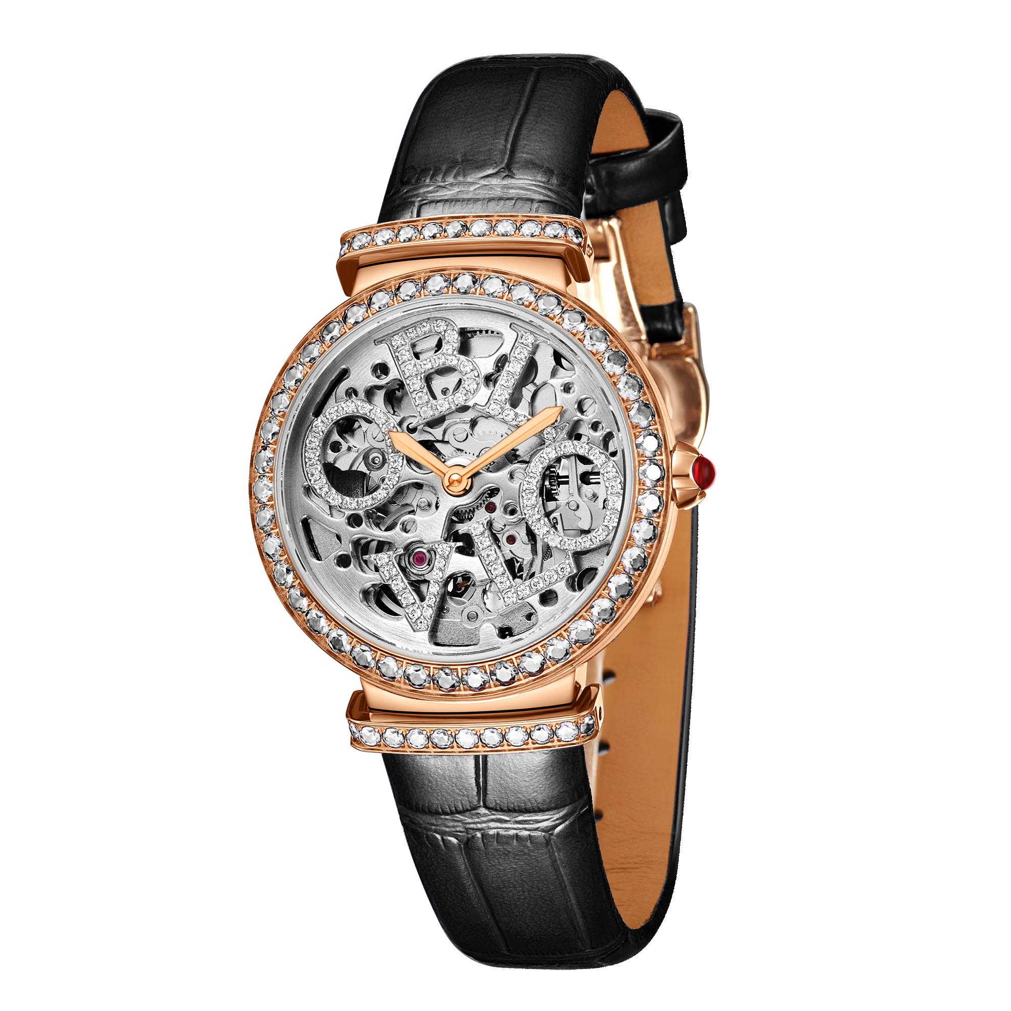 Luxury Women's Rose Gold Automatic Watch with Skeleton Dial - Genuine Leather Strap - Elegant Dress Watch for Business, Party & Special Occasions