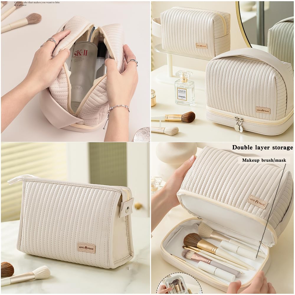 Waterproof Leather Cosmetic Bag Set of 3 - Cute Travel Makeup Organizer with Handle & Zipper for Women | Portable Toiletry Bags for Travel, Gym & Daily Use (Off-White)